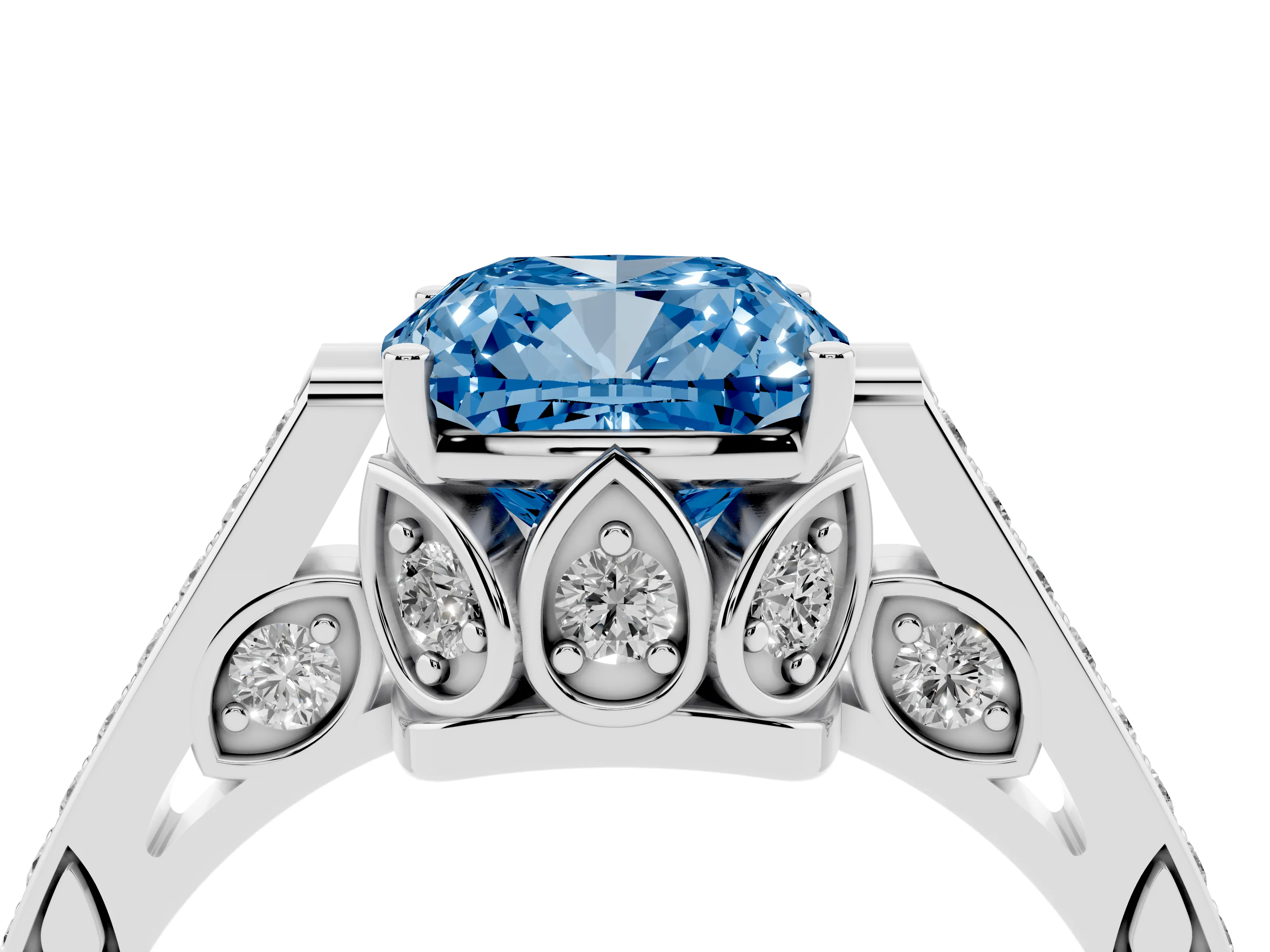 Fancy Blue Cushion Cut Diamond Cathedral Pavé Engagement Ring Set in Silver with Prong Setting
