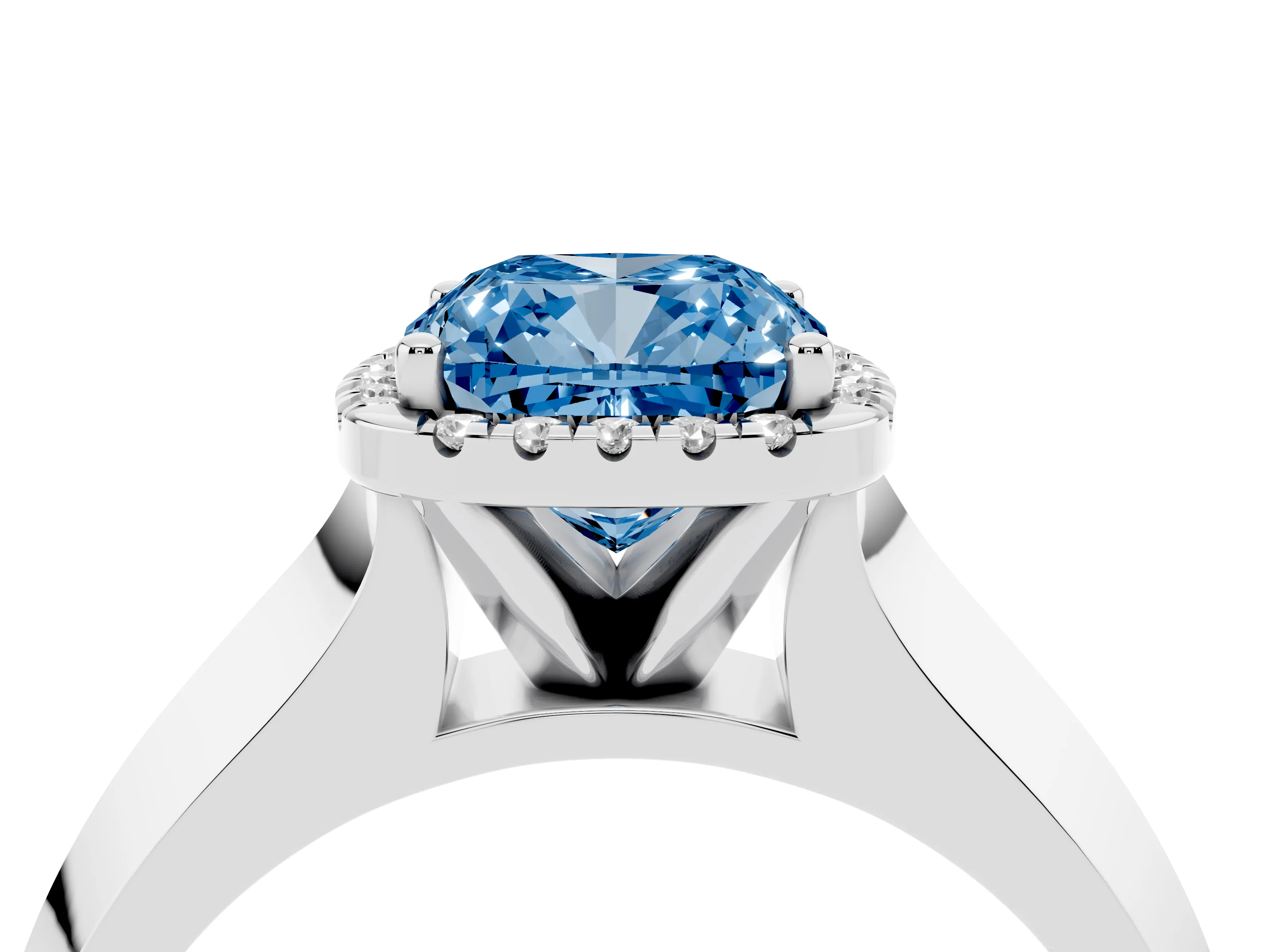 Fancy Blue Cushion Cut Diamond Halo Ring Set in Platinum with Cathedral Band and Prong Setting
