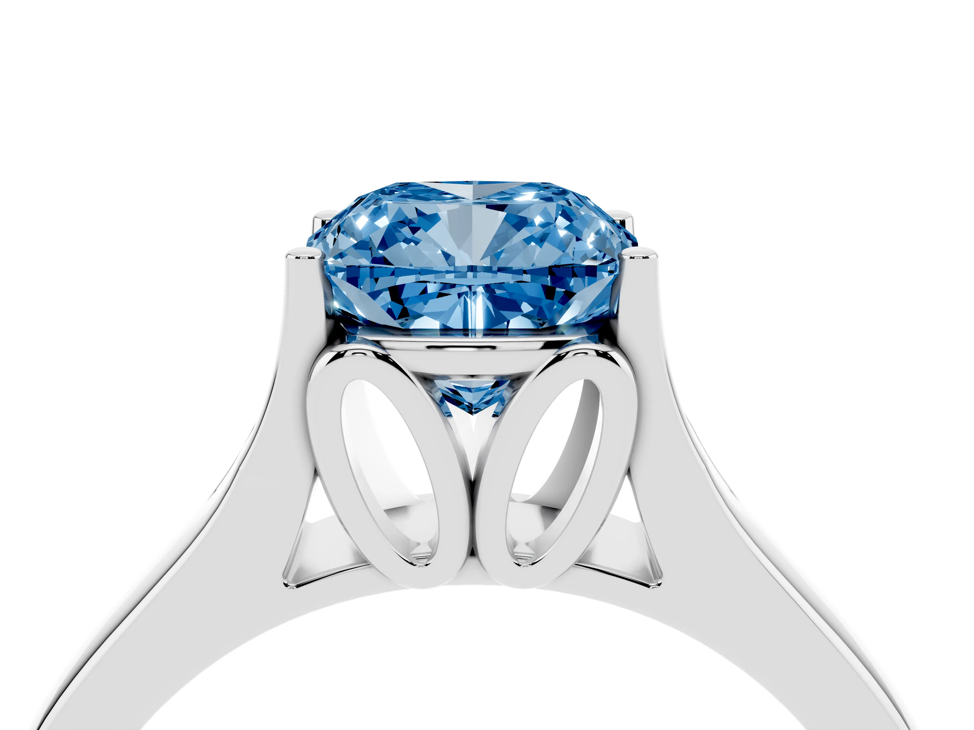 Fancy Blue Cushion Cut Diamond Solitaire Ring Set in White gold with Arched Cathedral Band and Prong Setting