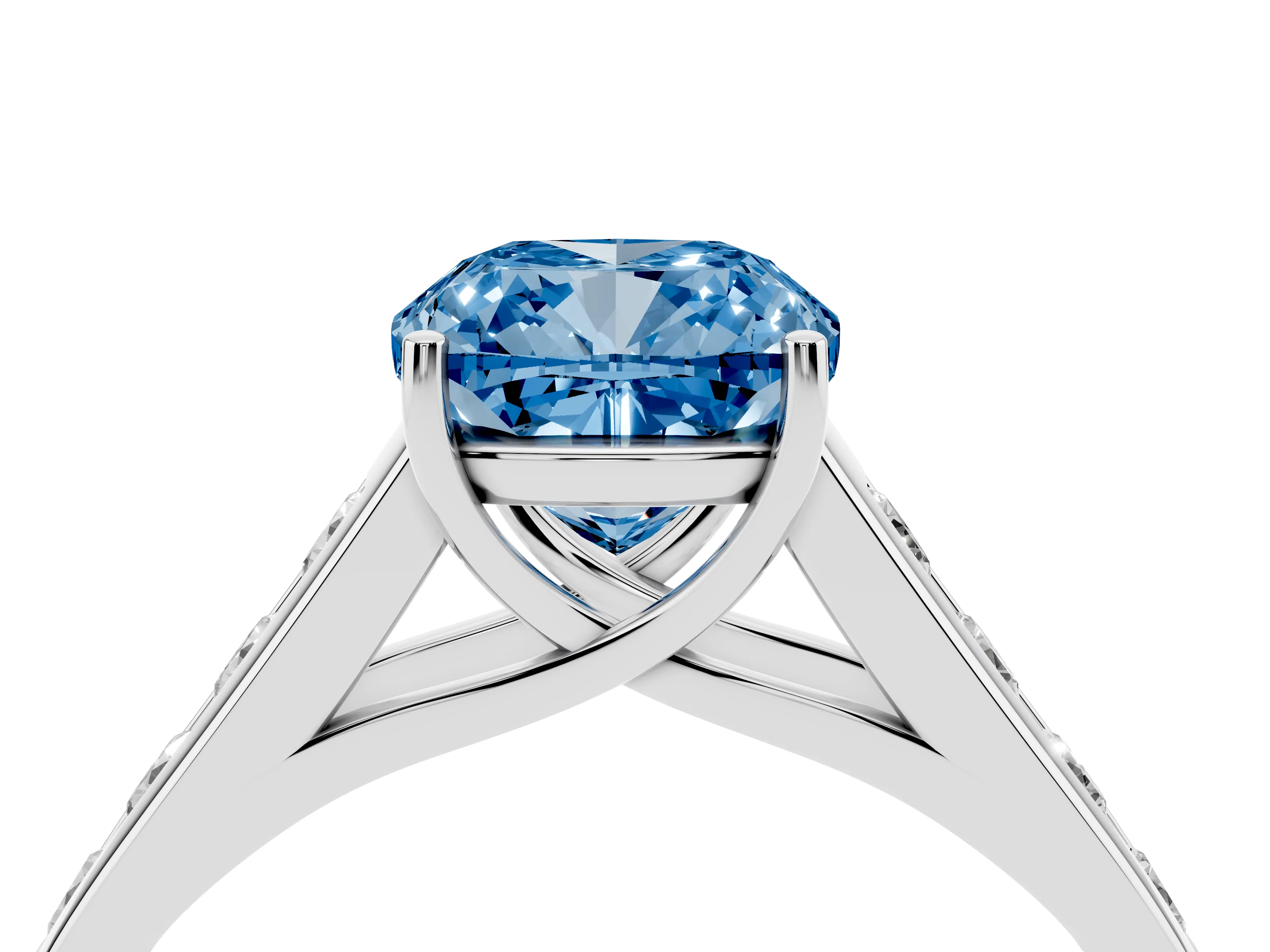 Fancy Blue Cushion Cut Diamond Brilliant Channel-Set Solitaire Ring Set in White gold with Prong Setting