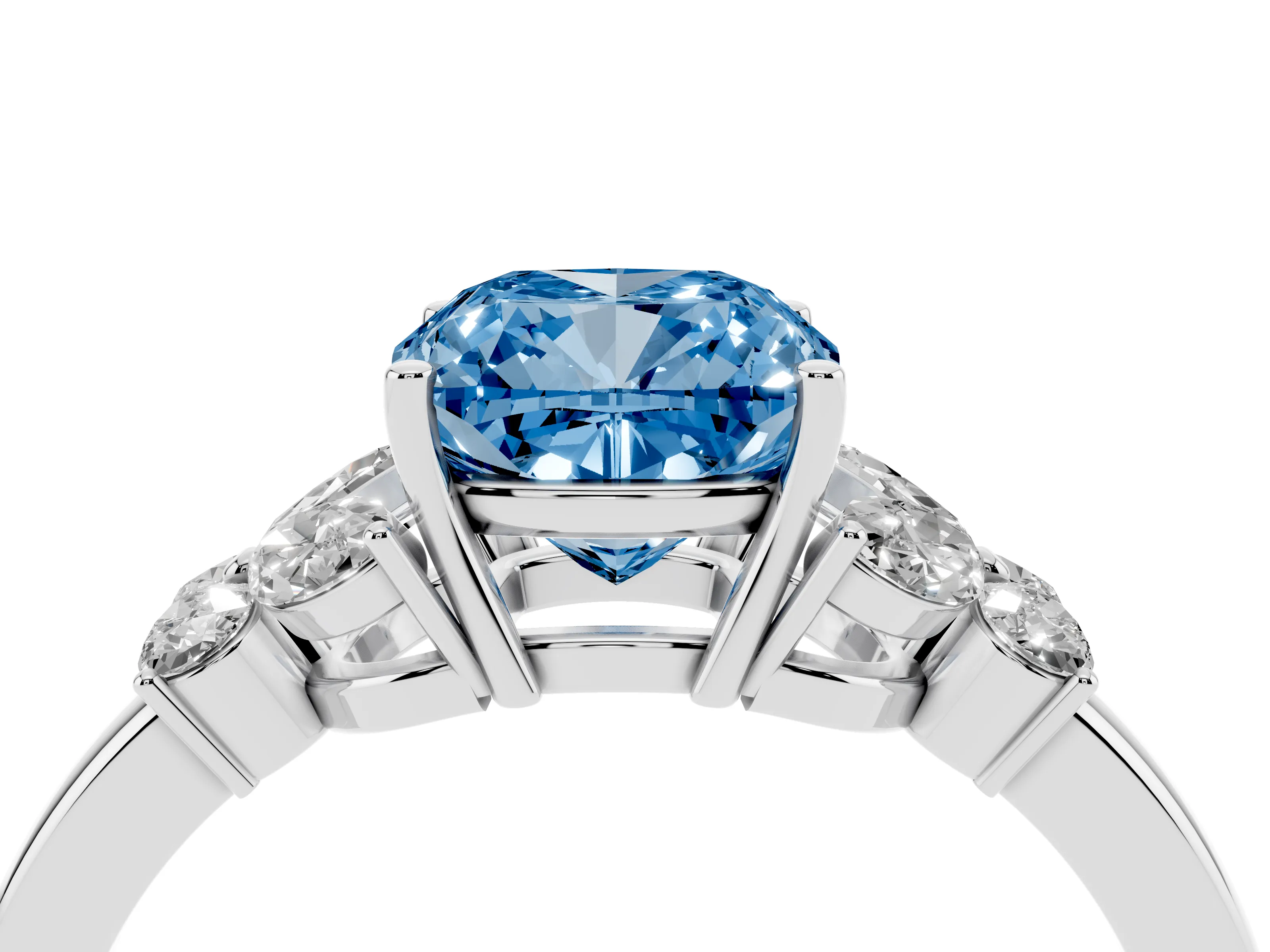 Fancy Blue Cushion Cut Diamond Solitaire Floral Ring Set in Platinum with Marquise Petals and Prong Setting