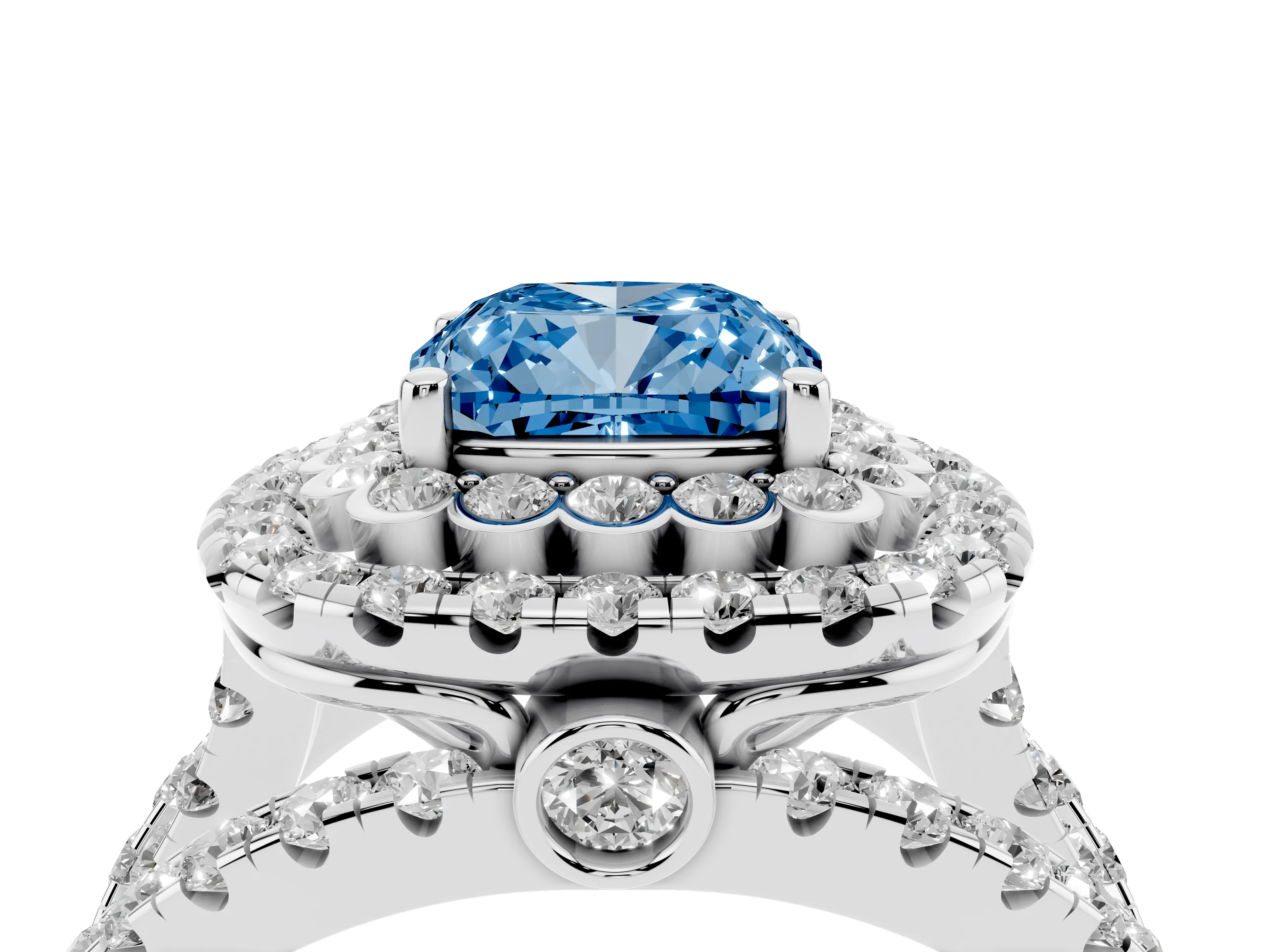 Fancy Blue Cushion Cut Diamond Double Halo Ring Set in Silver with Round Pavé Split Shank