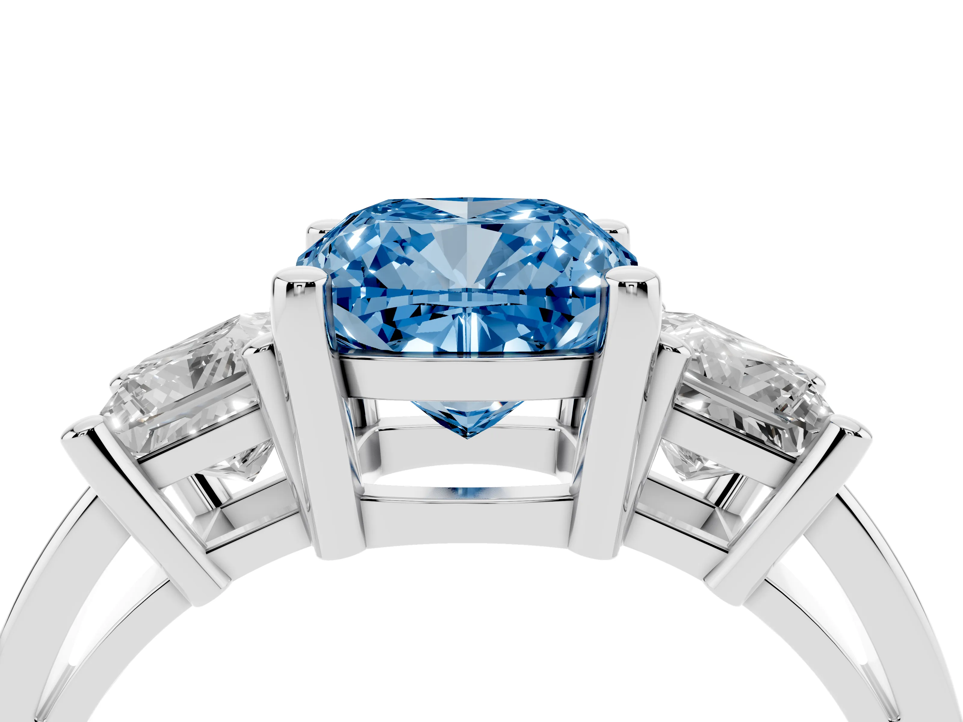 Fancy Blue Three-Stone Cushion Cut Diamond Solitaire Ring Set in Silver with Prong Setting