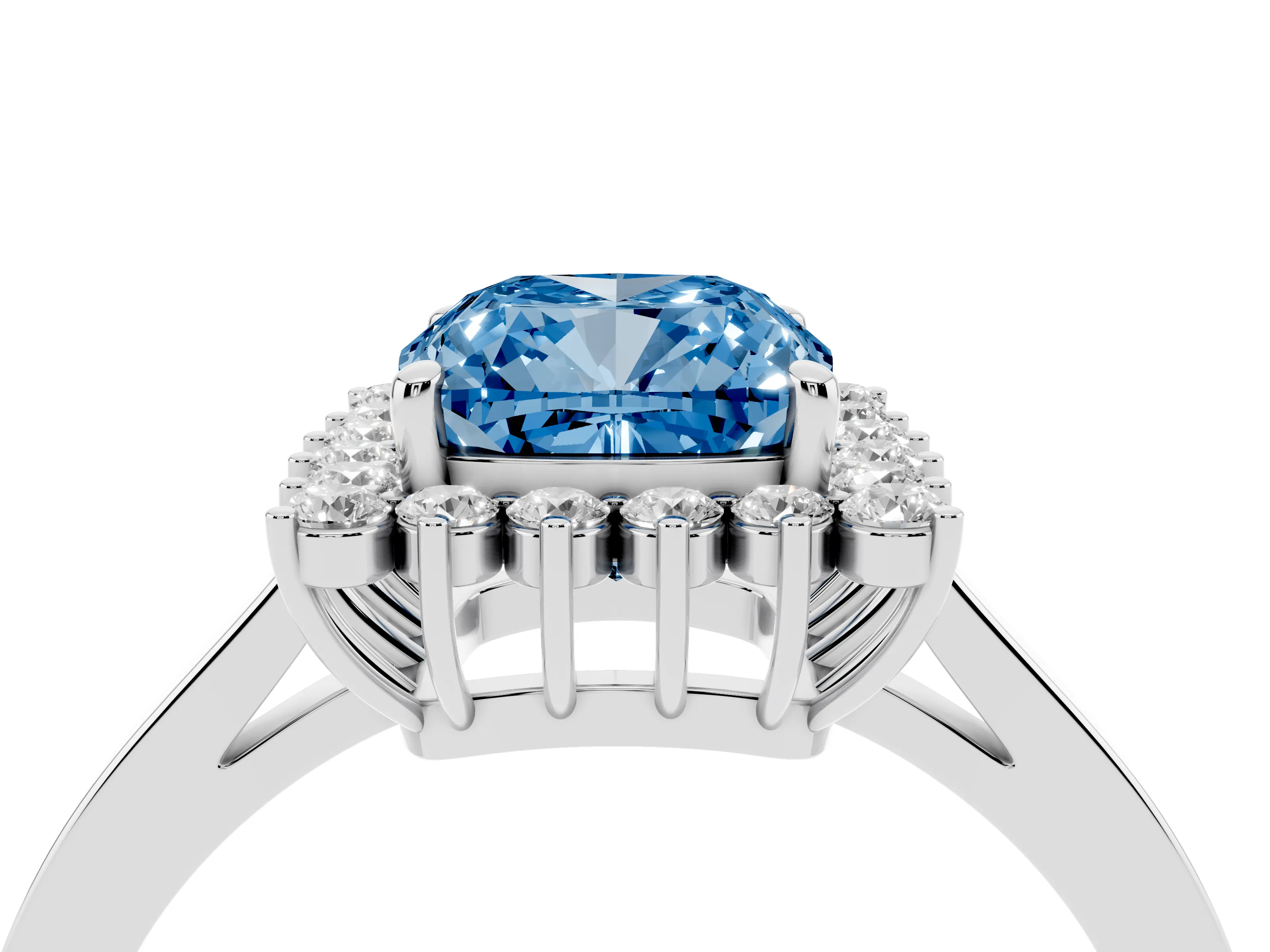Fancy Blue Cushion Cut Diamond Halo Ring Set in White gold with Round Halo and Smooth Solitaire Band
