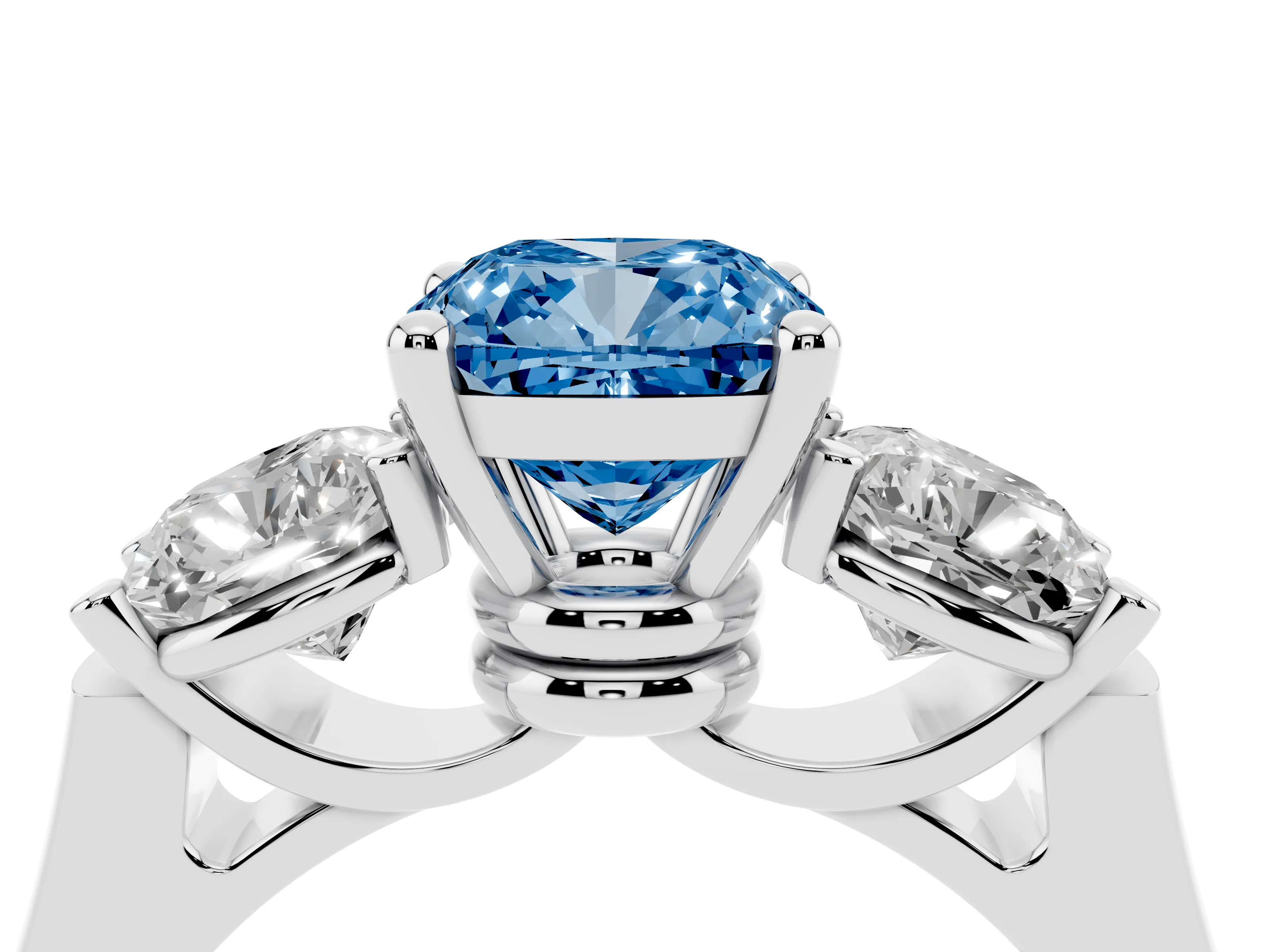 Fancy Blue Cushion Cut Diamond Three-Stone Trellis Ring Set in White gold with Comfort Fit Band