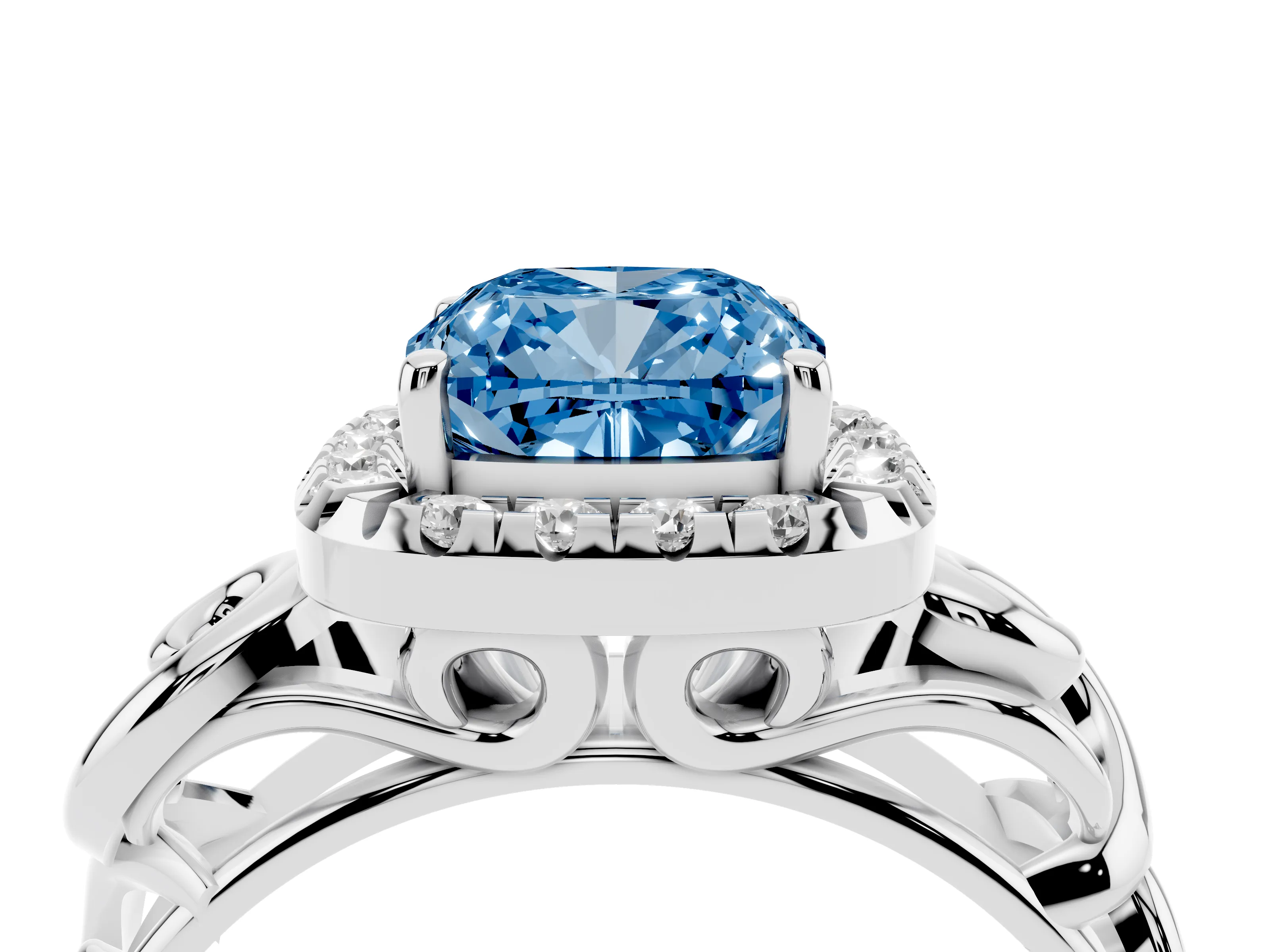 Fancy Blue Cushion Cut Diamond Halo Ring Set in Platinum with Scrollwork Band and Prong Setting