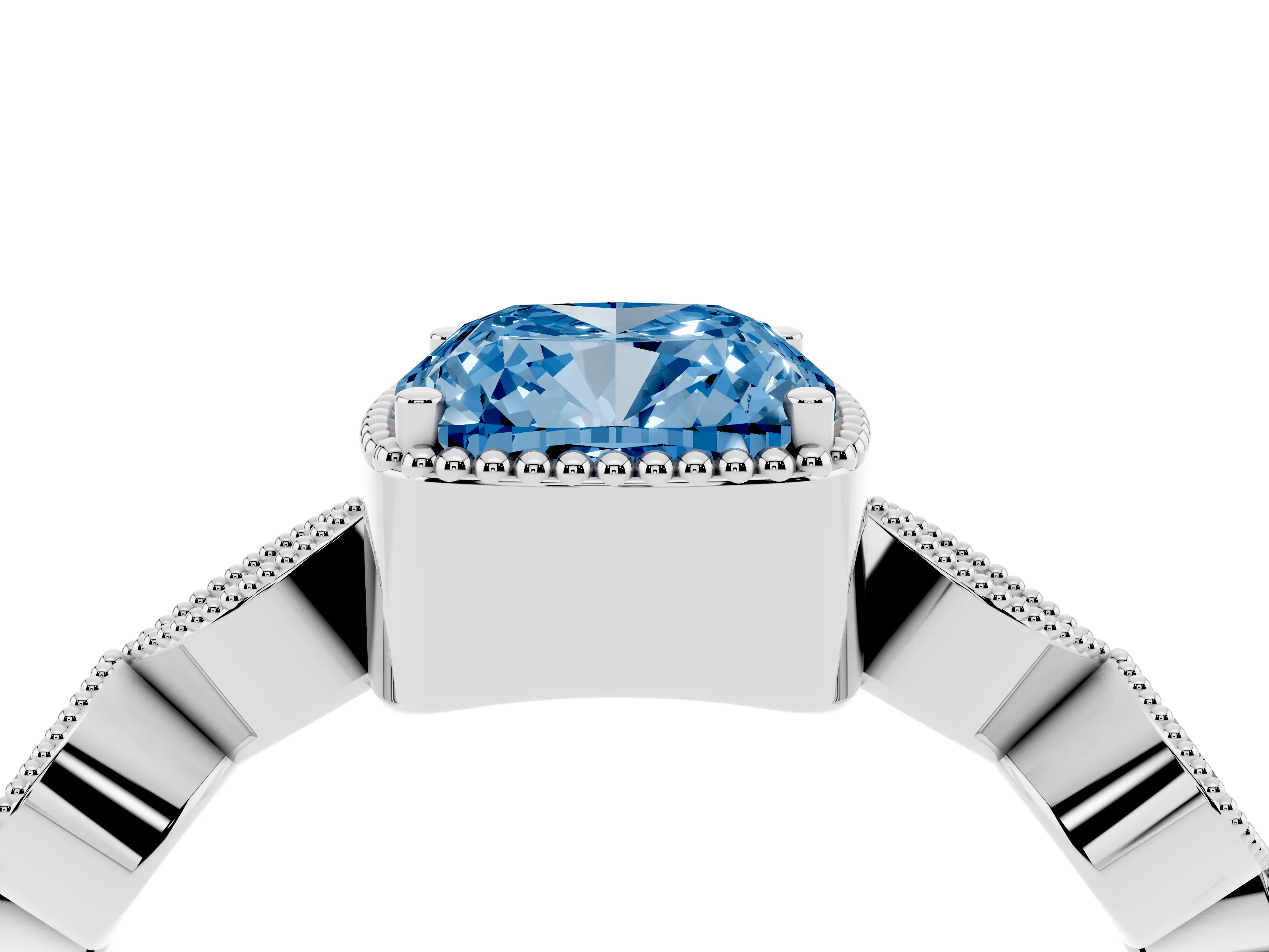 Fancy Blue Cushion Cut Diamond Vintage-Inspired Milgrain Ring Set in White gold with Marquise Stations of Round Accents