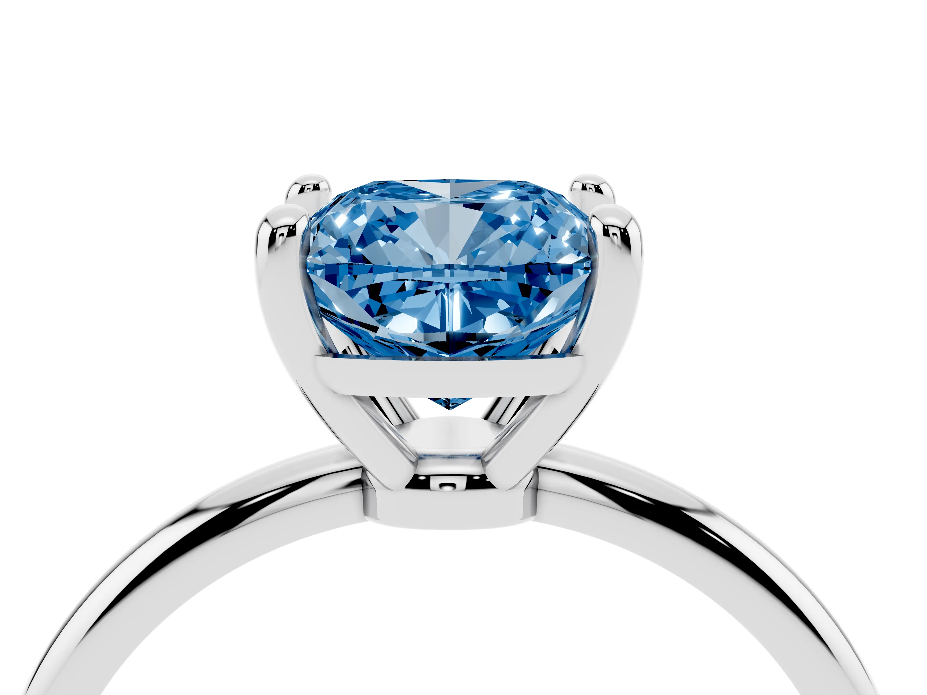 Fancy Blue Cushion Cut Diamond Solitaire Ring Set in White gold with Secure Prong Setting on a Classic Band