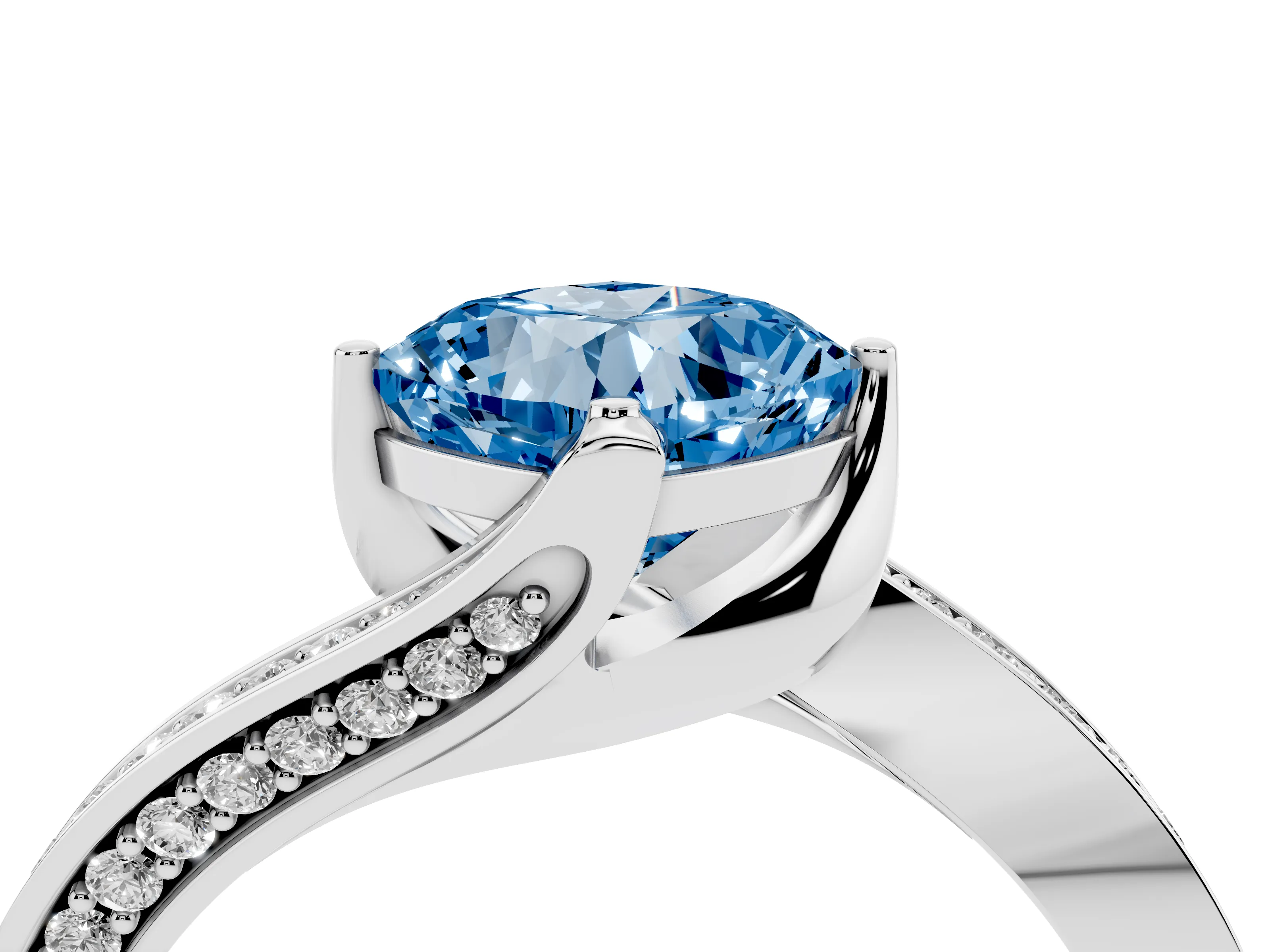 Fancy Blue Cushion Cut Diamond Solitaire Ring Set in White gold with Intertwined Pavé Twist Band