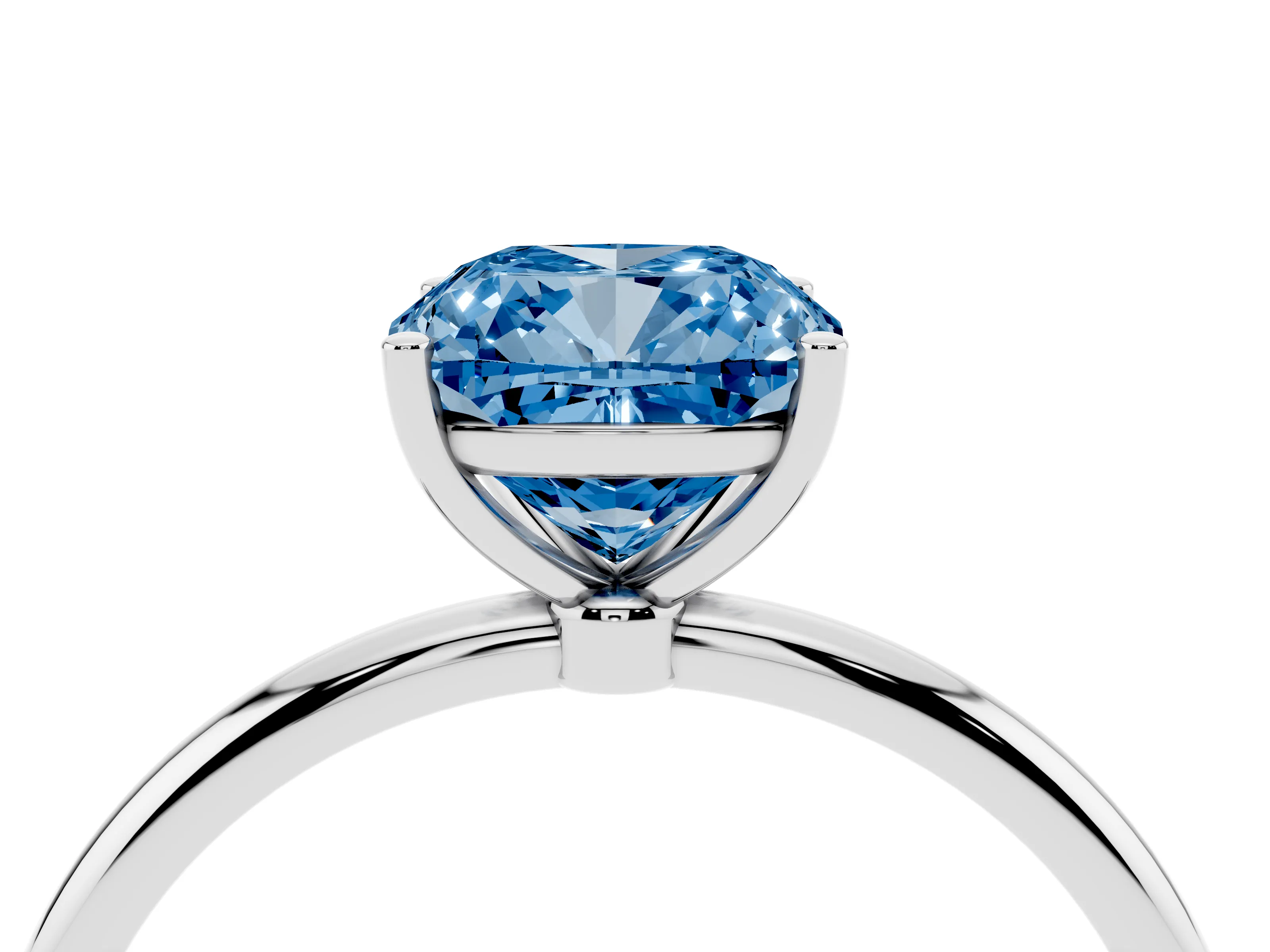 Fancy Blue Cushion Cut Diamond Solitaire Engagement Ring Set in Platinum with Thin Band and Prong Setting