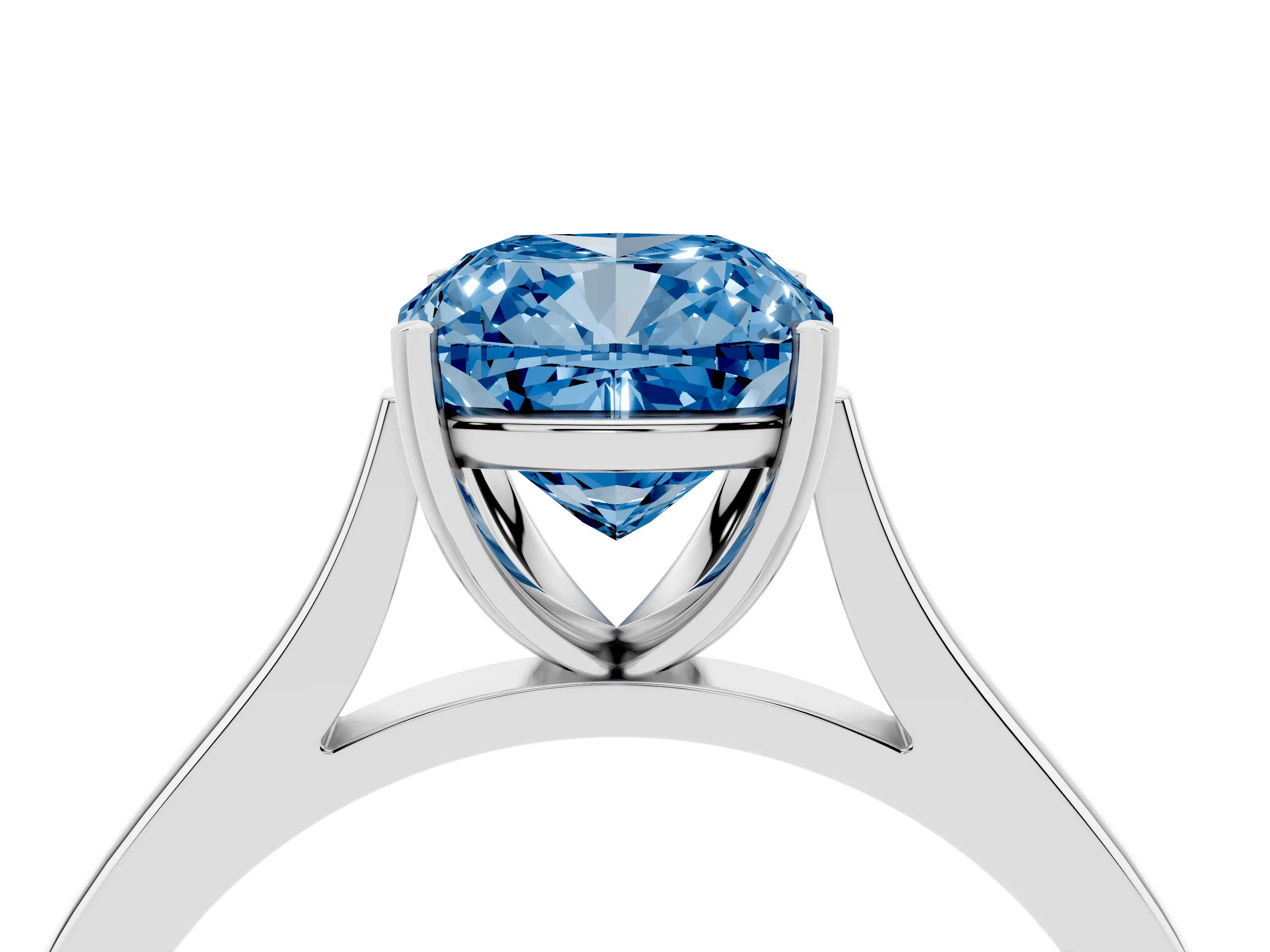 Fancy Blue Cushion Cut Diamond Solitaire Heart Prong Engagement Ring Set in White gold with Tapered Band