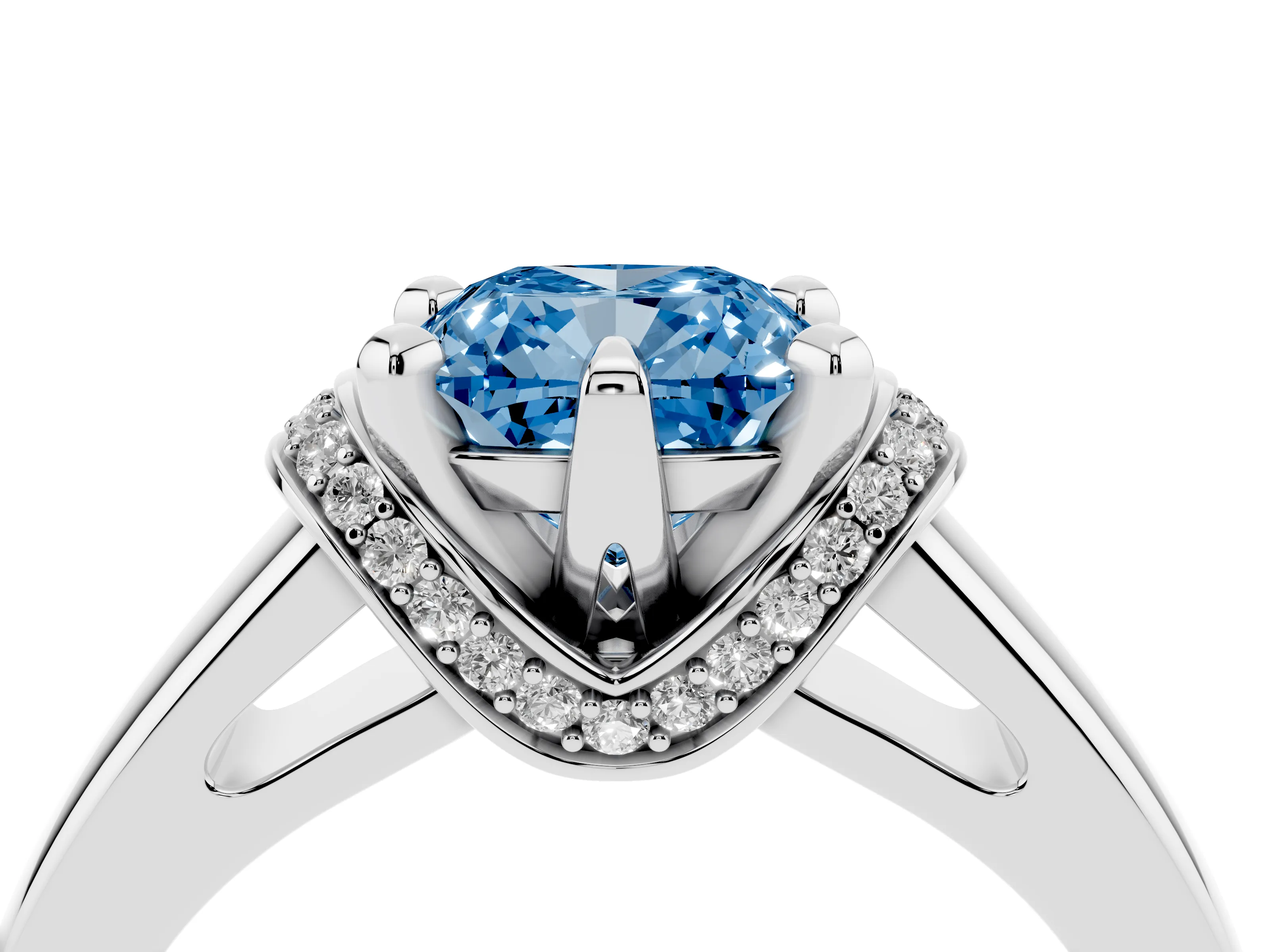 Fancy Blue Cushion Cut Diamond Pavé Band Solitaire Ring Set in Platinum with Prong Setting