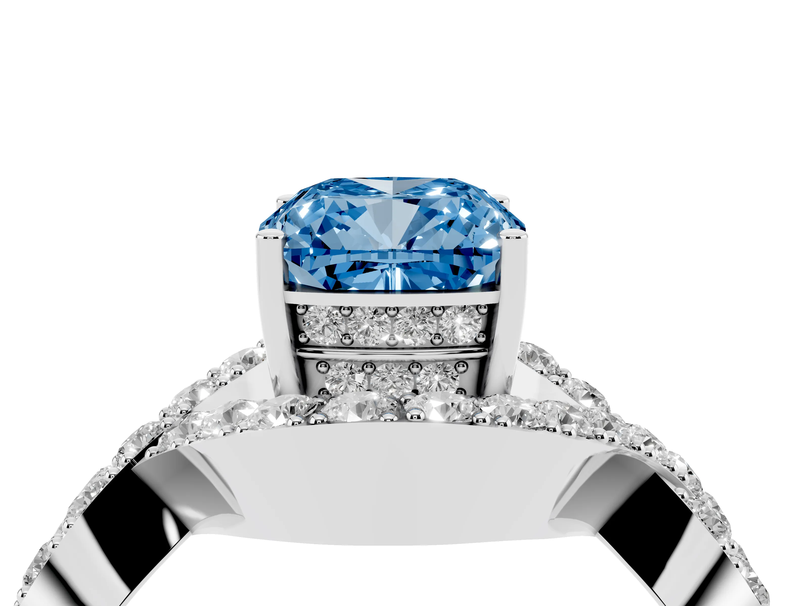 Fancy Blue Cushion Cut Diamond Solitaire Twist Band Pavé Engagement Ring Set in White gold