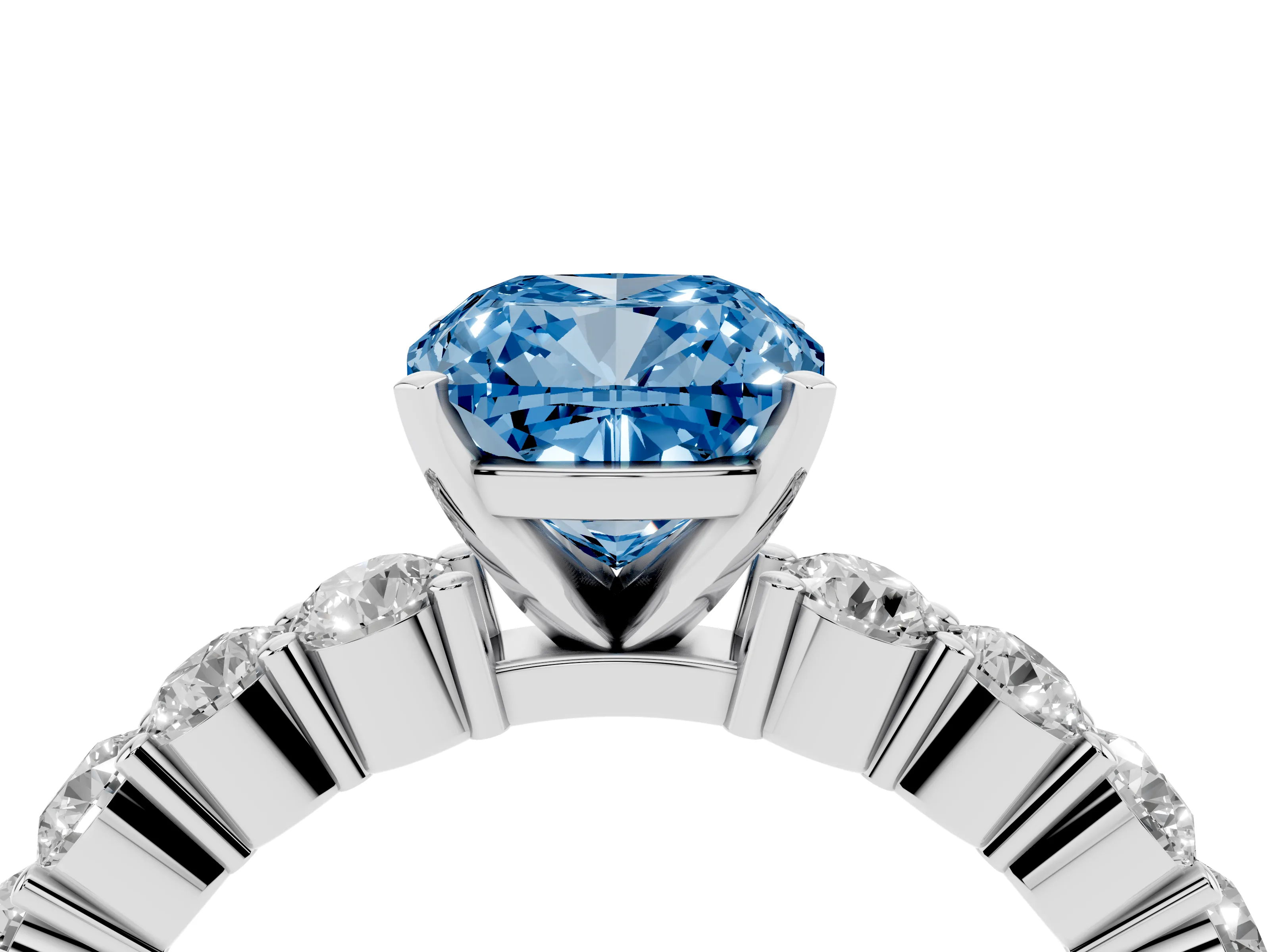 Fancy Blue Cushion Cut Diamond Solitaire Ring Set in White gold with Shared Prong Round Side Stones