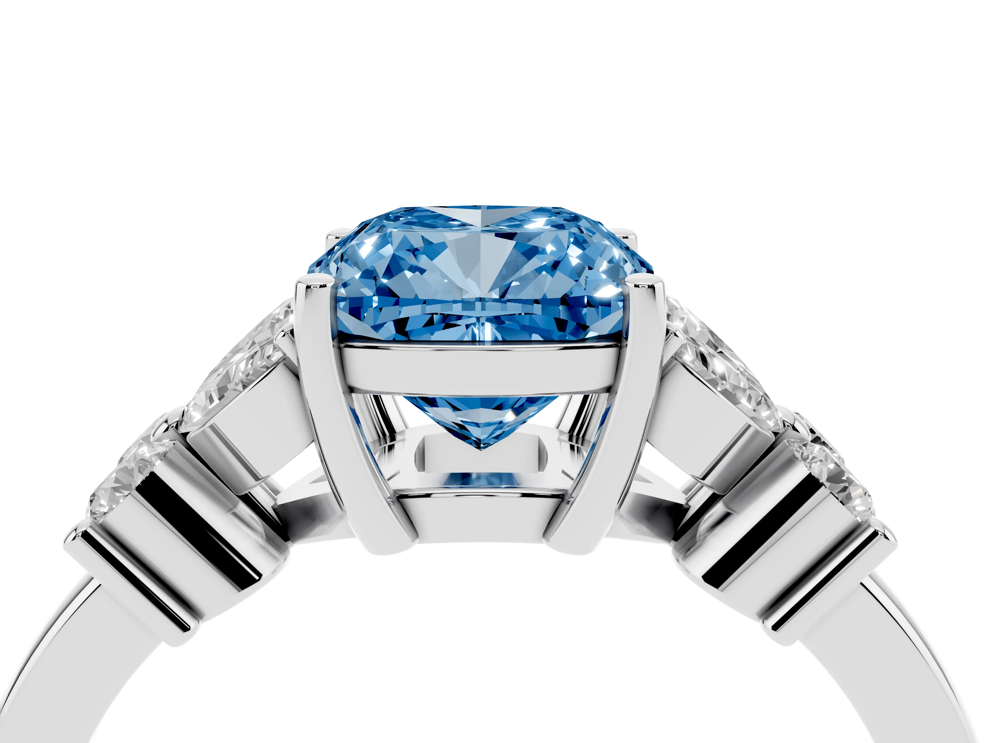 Fancy Blue Cushion Cut Diamond Floral Cluster Ring Set in Silver with Marquise Petals and Prong Setting