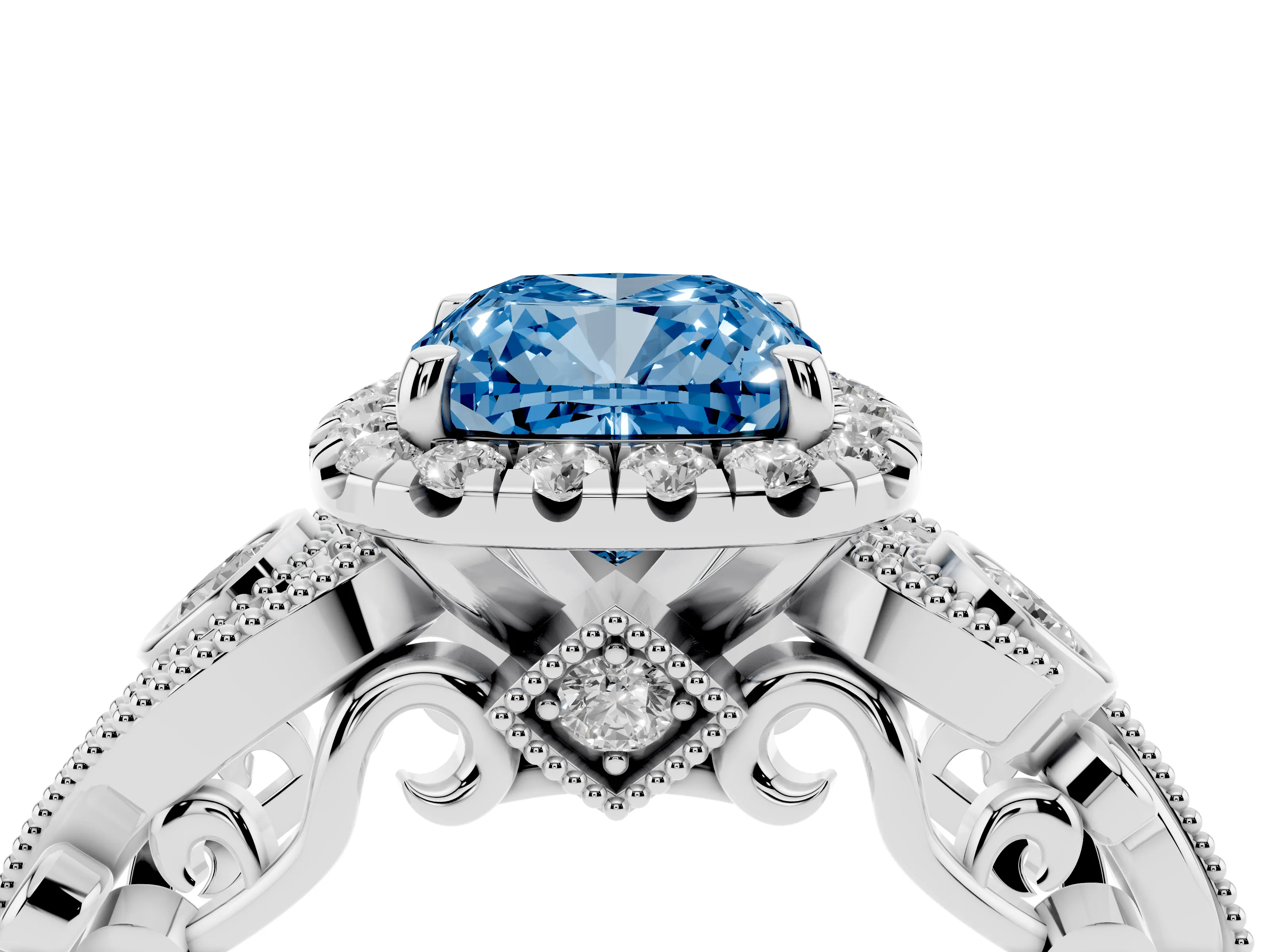 Fancy Blue Cushion Cut Diamond Halo Ring Set in Silver with Milgrain Pavé Band and Prong Setting