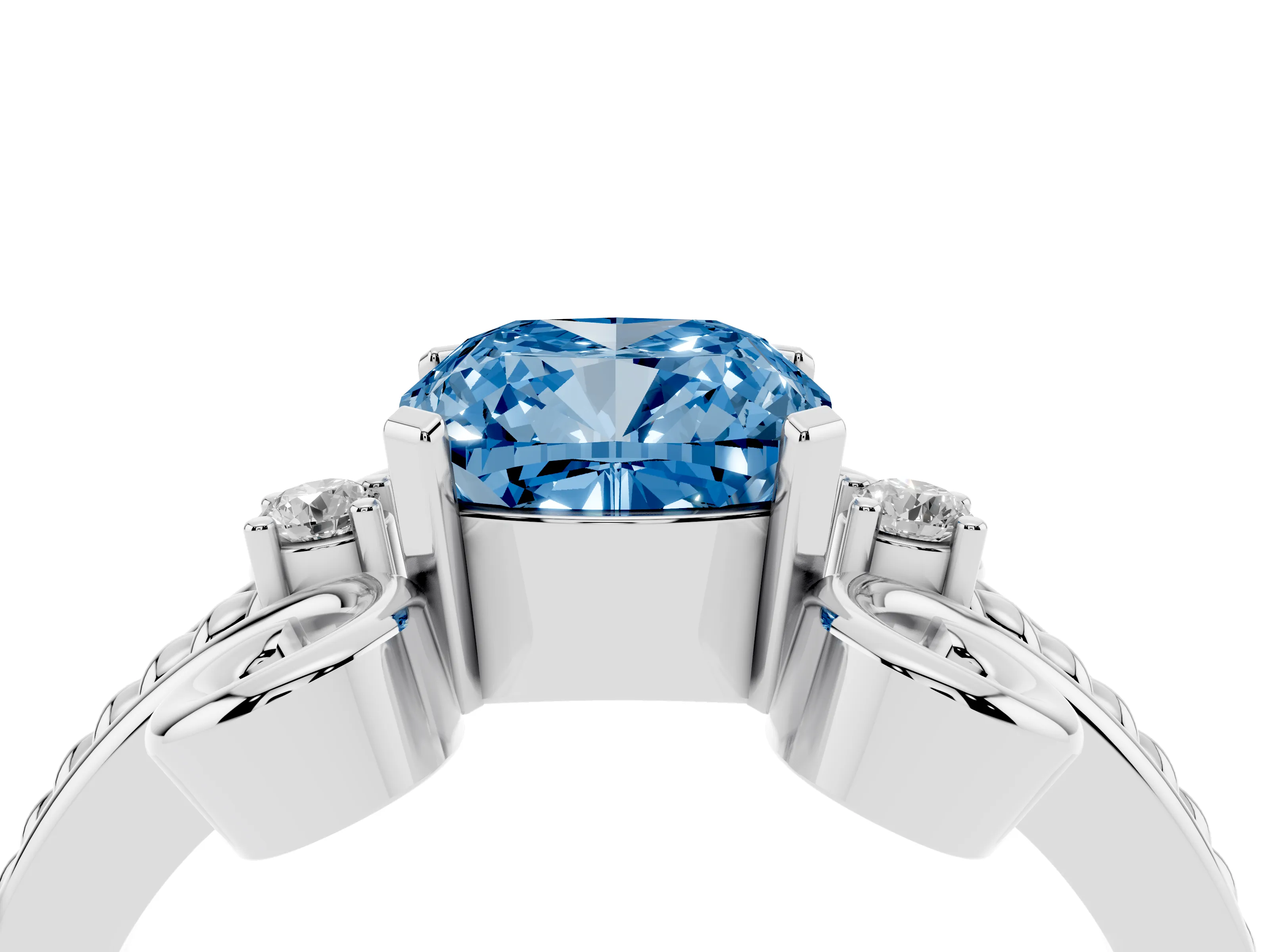 Fancy Blue Cushion Cut Diamond Twisted Band Solitaire Ring Set in White gold with Scroll Prongs
