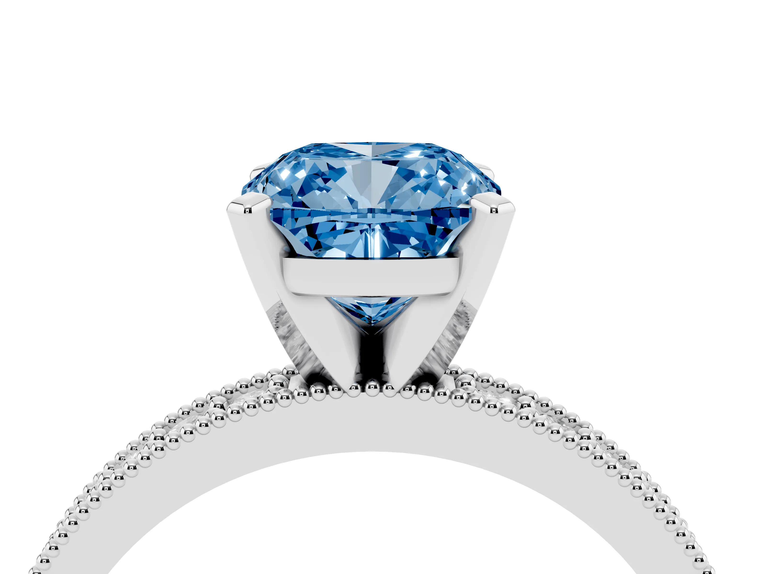 Fancy Blue Cushion Cut Diamond Milgrain Pavé Engagement Ring Set in White gold with Prong Setting