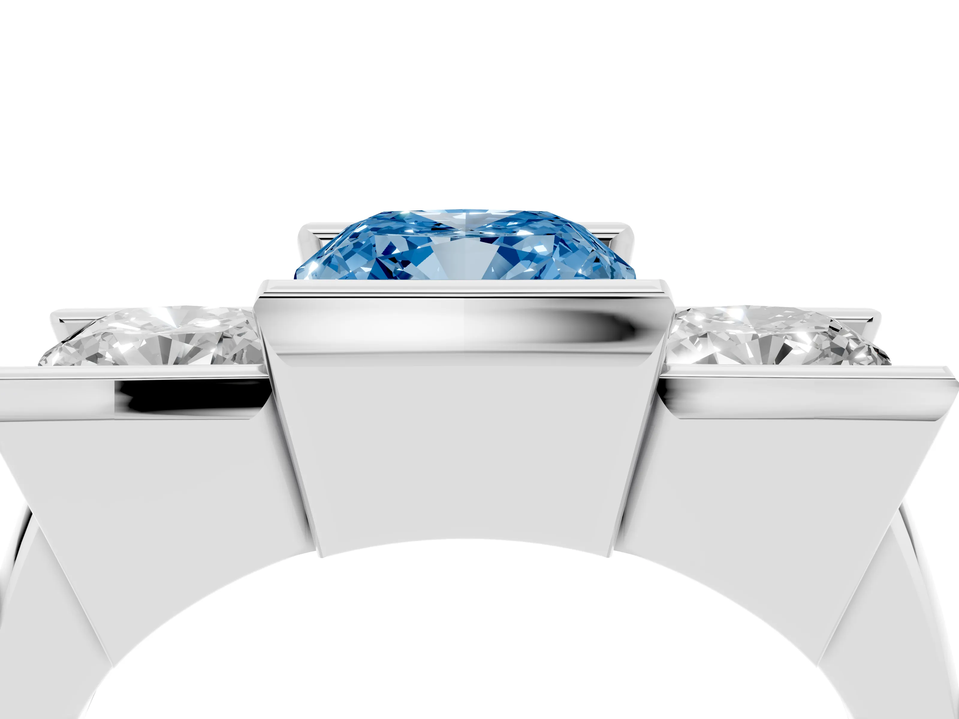 Fancy Blue Cushion Cut Diamond Three-Stone Channel Set Ring Set in Silver with Smooth Polished Band