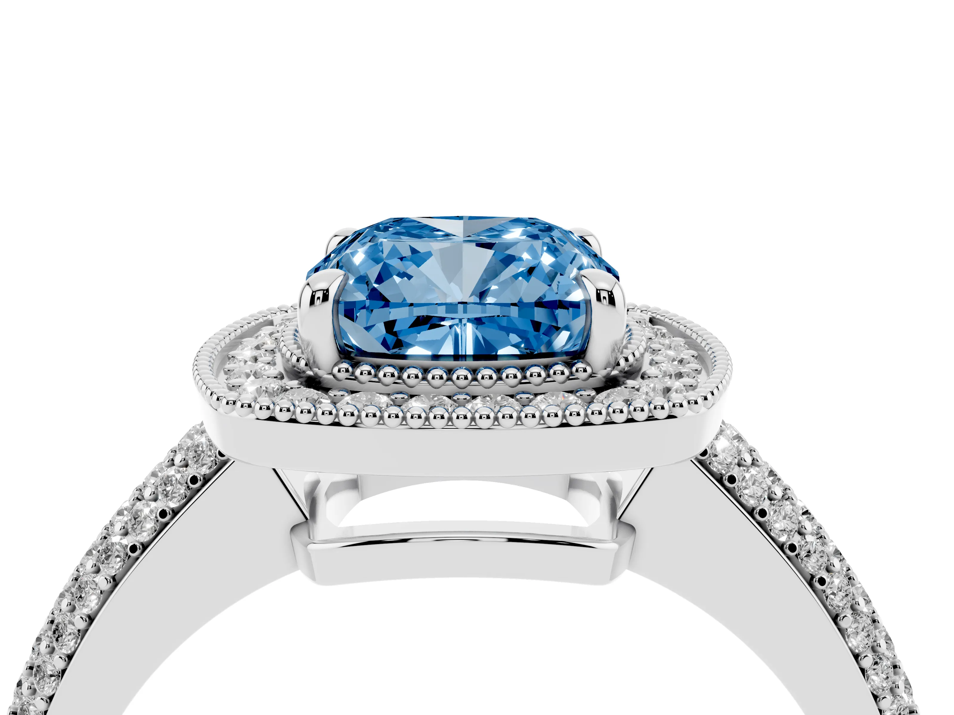 Fancy Blue Cushion Cut Diamond Halo Pavé Band Set in Platinum with Prong Setting