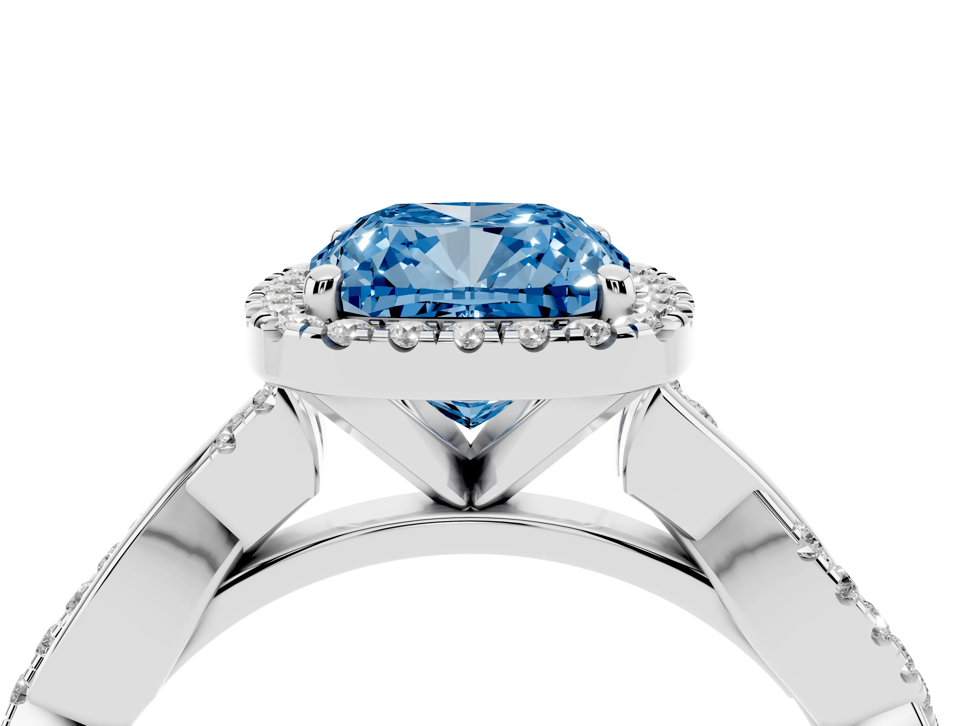 Fancy Blue Cushion Cut Diamond Halo Twisted Band Ring Set in Platinum with Prong Setting