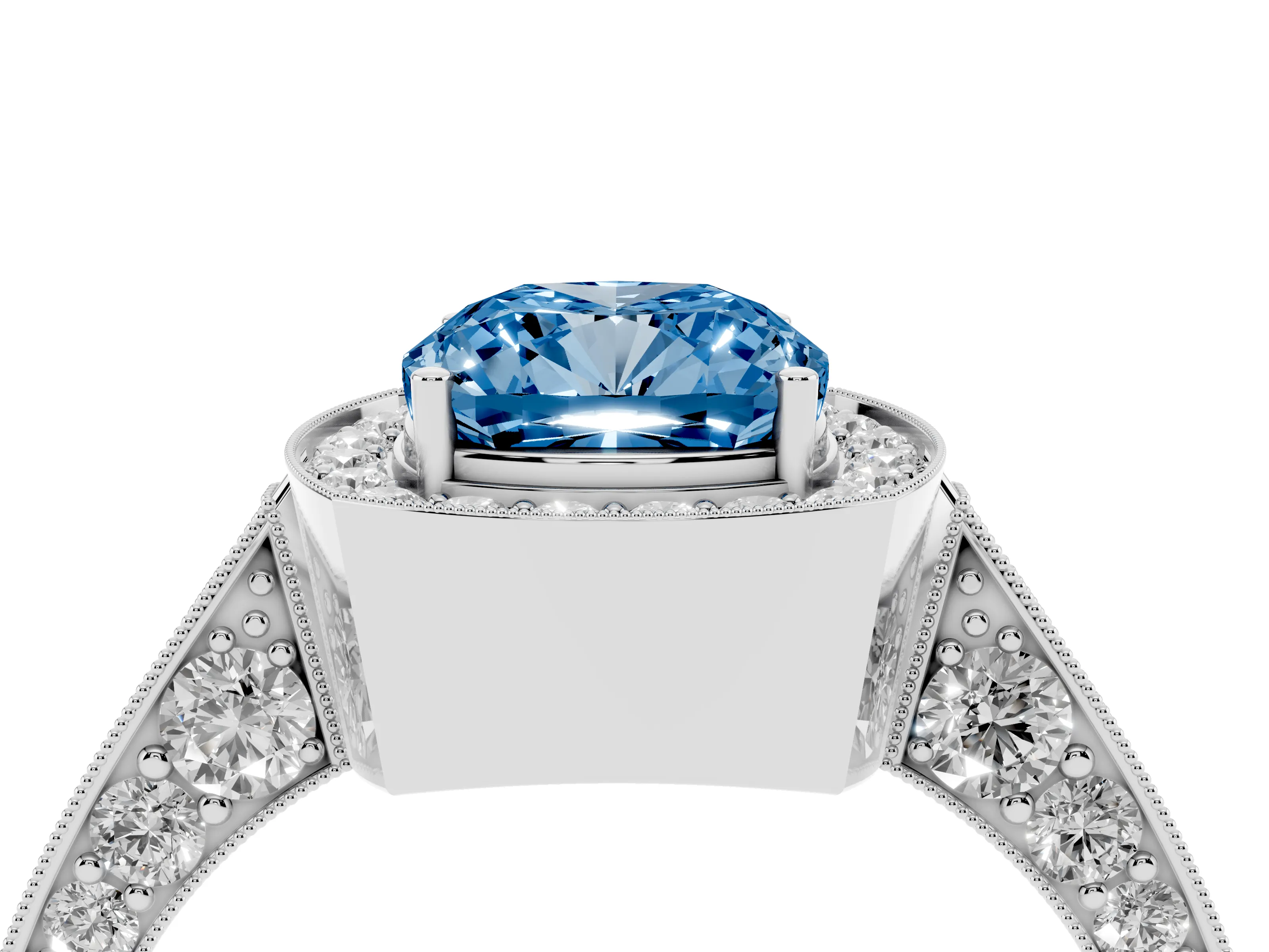 Fancy Blue Cushion Cut Diamond Halo Engagement Ring Set in White gold with Accent Split Shank Band