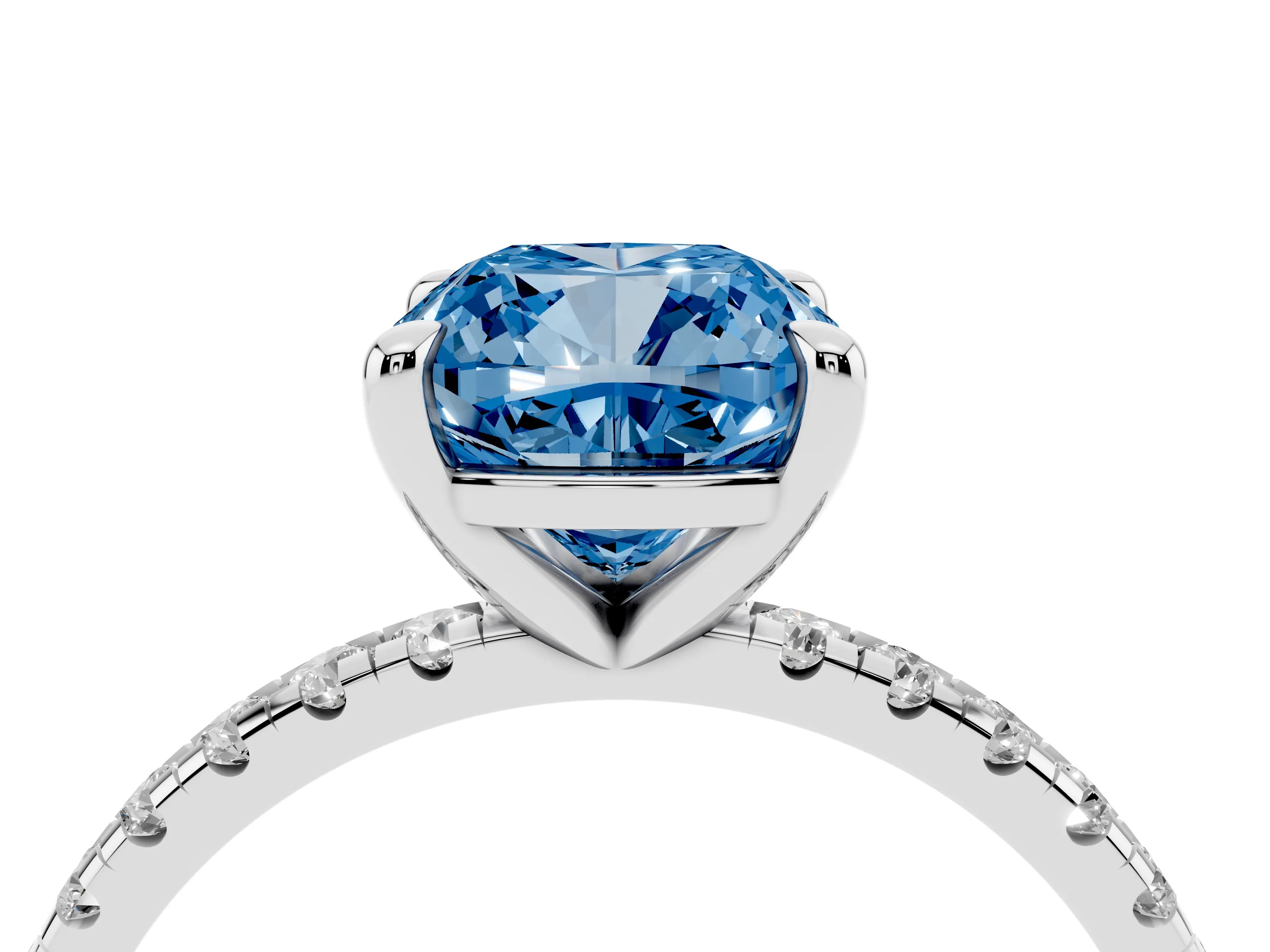 Fancy Blue Cushion Cut Diamond Brilliant Solitaire Ring Set in Platinum with Pavé Band and Prong Setting