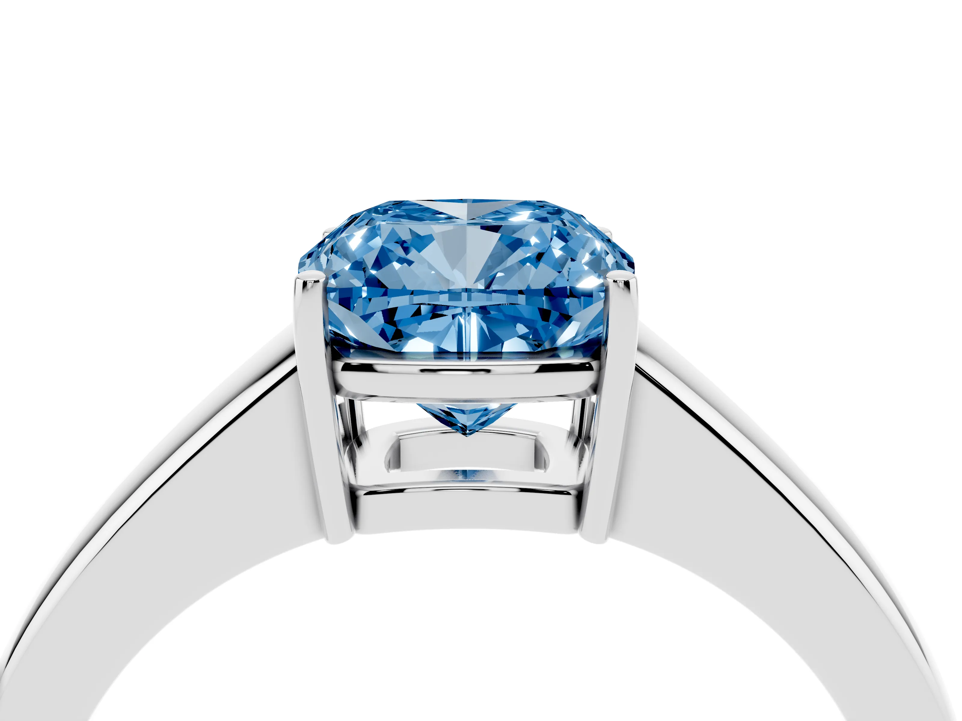 Fancy Blue Cushion Cut Diamond Solitaire Ring Set in White gold with Tapered Band and Prong Setting