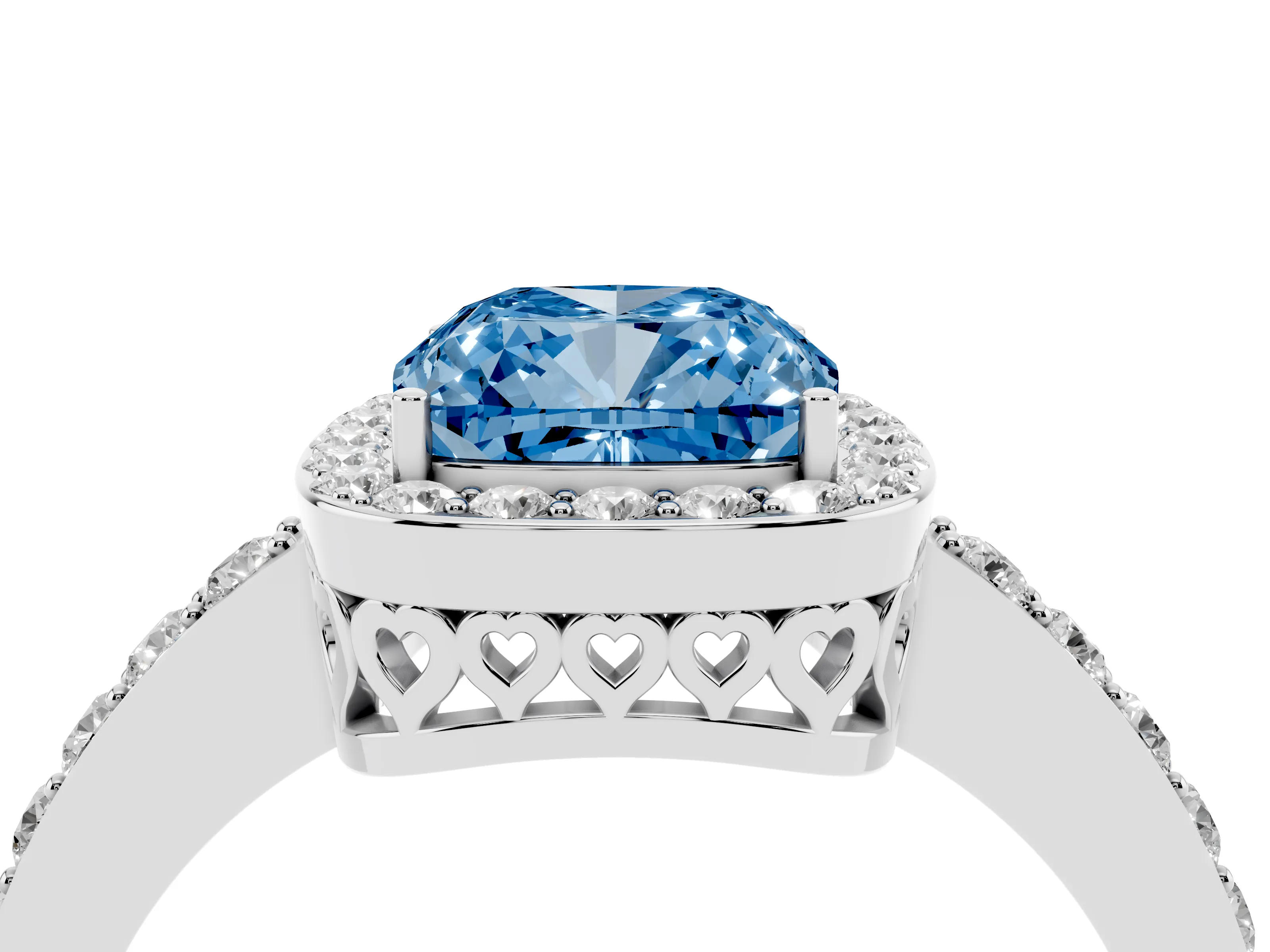 Fancy Blue Cushion Cut Diamond Halo Ring Set in Platinum with Pavé-Setting Band and Open Prong Center