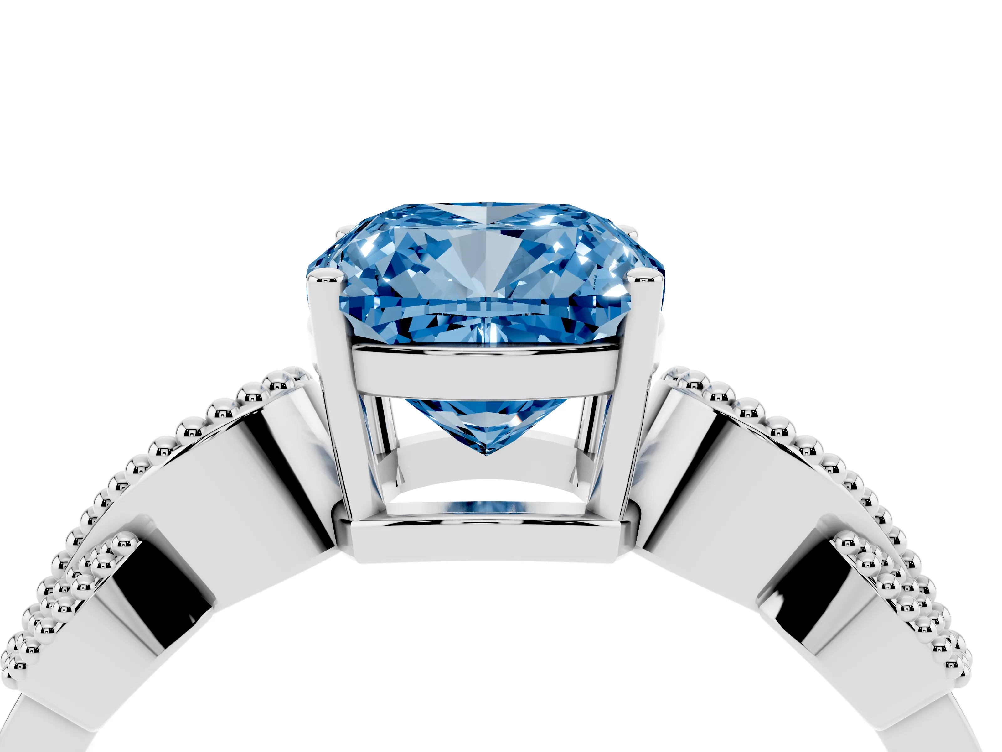 Fancy Blue Cushion Cut Diamond Milgrain Leaf Band Solitaire Ring Set in Silver with Accent Stones and Prong Setting