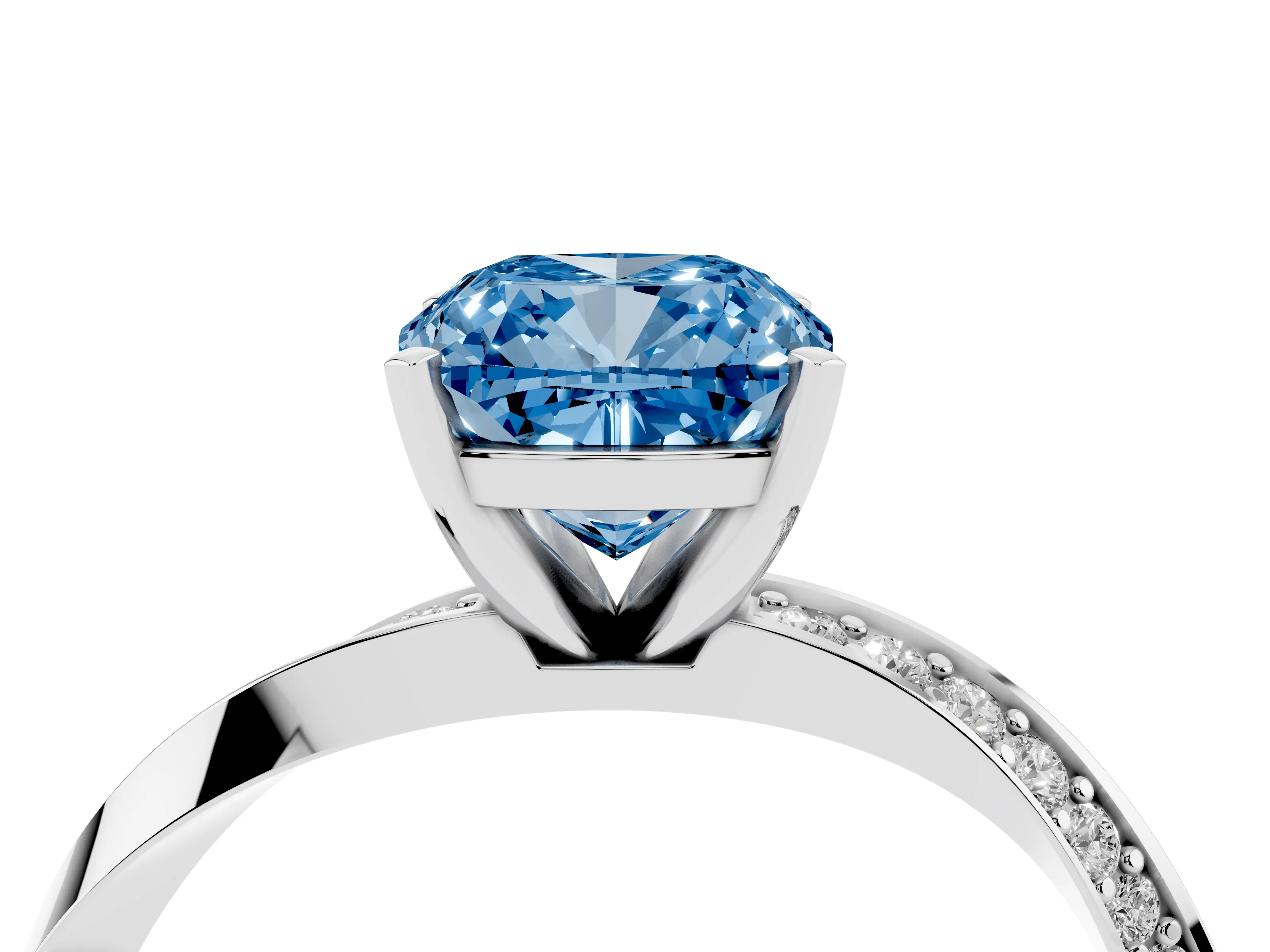 Fancy Blue Cushion Cut Diamond Engagement Ring Set in White gold with Side Stone Accents and Prong Setting