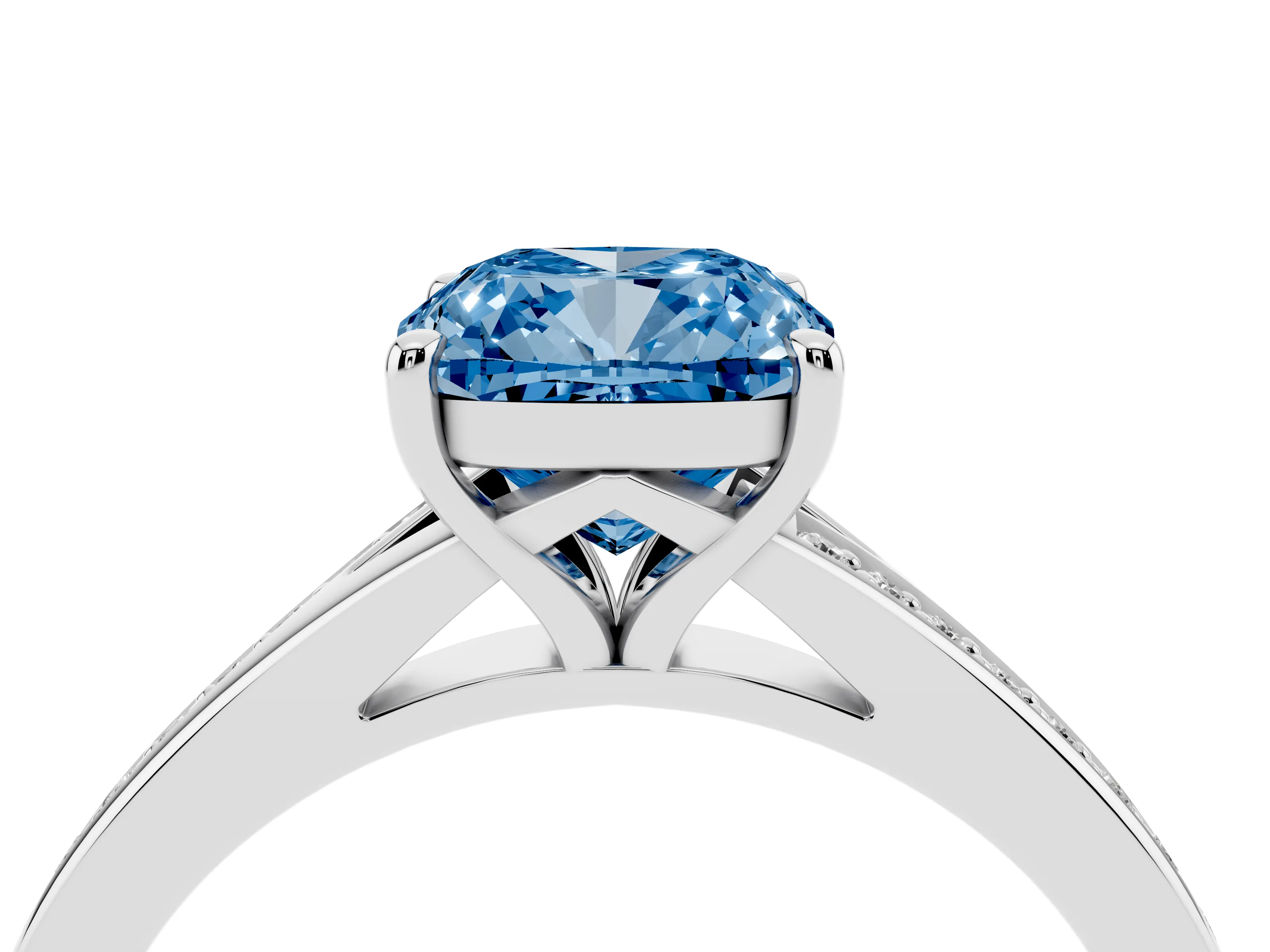 Fancy Blue Cushion Cut Diamond Solitaire Ring Set in Silver with Pavé Accent Band and Classic Prong Setting