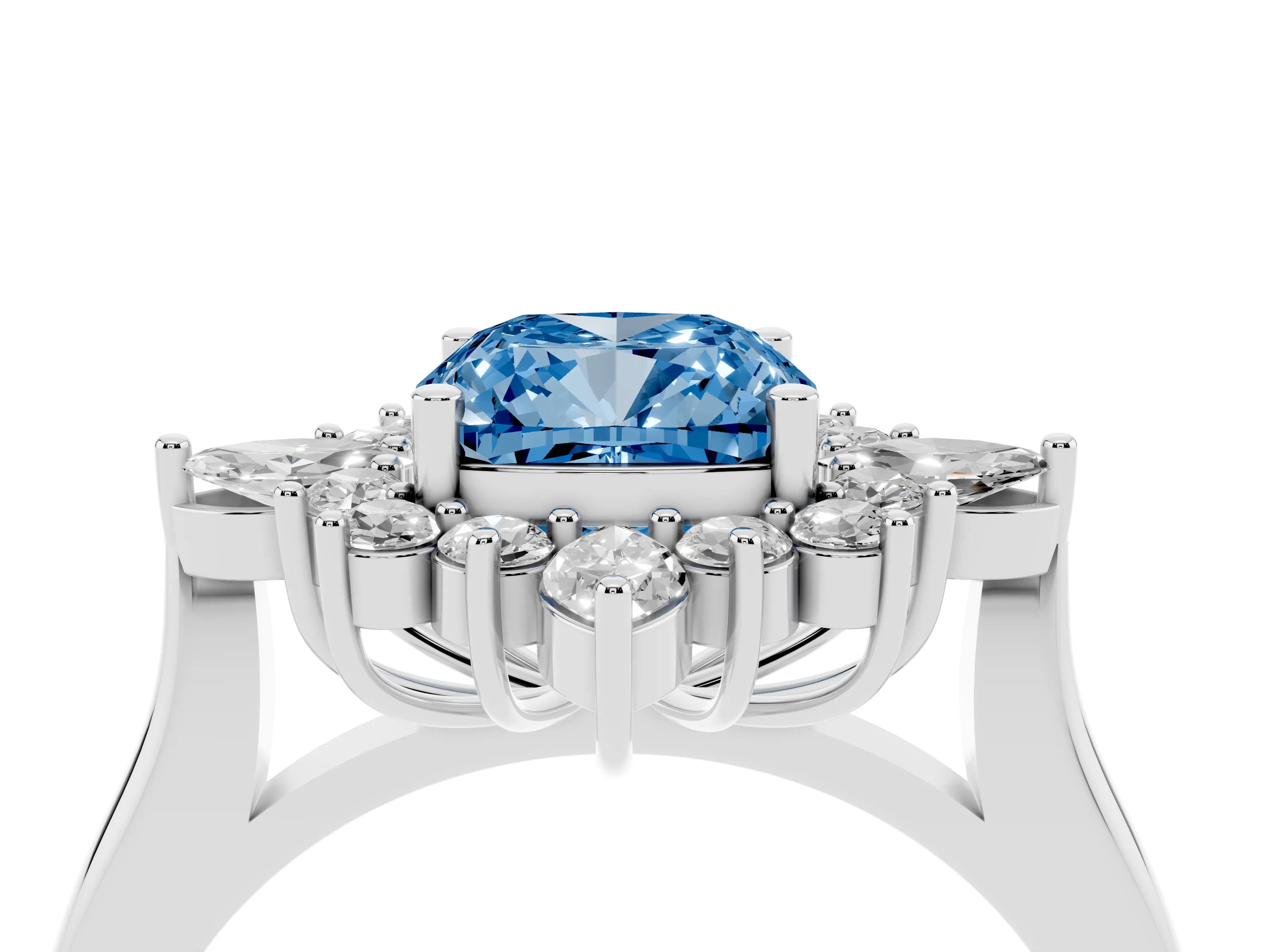 Fancy Blue Cushion Cut Diamond Cluster Halo Ring Set in Silver with Marquise and Round Accents