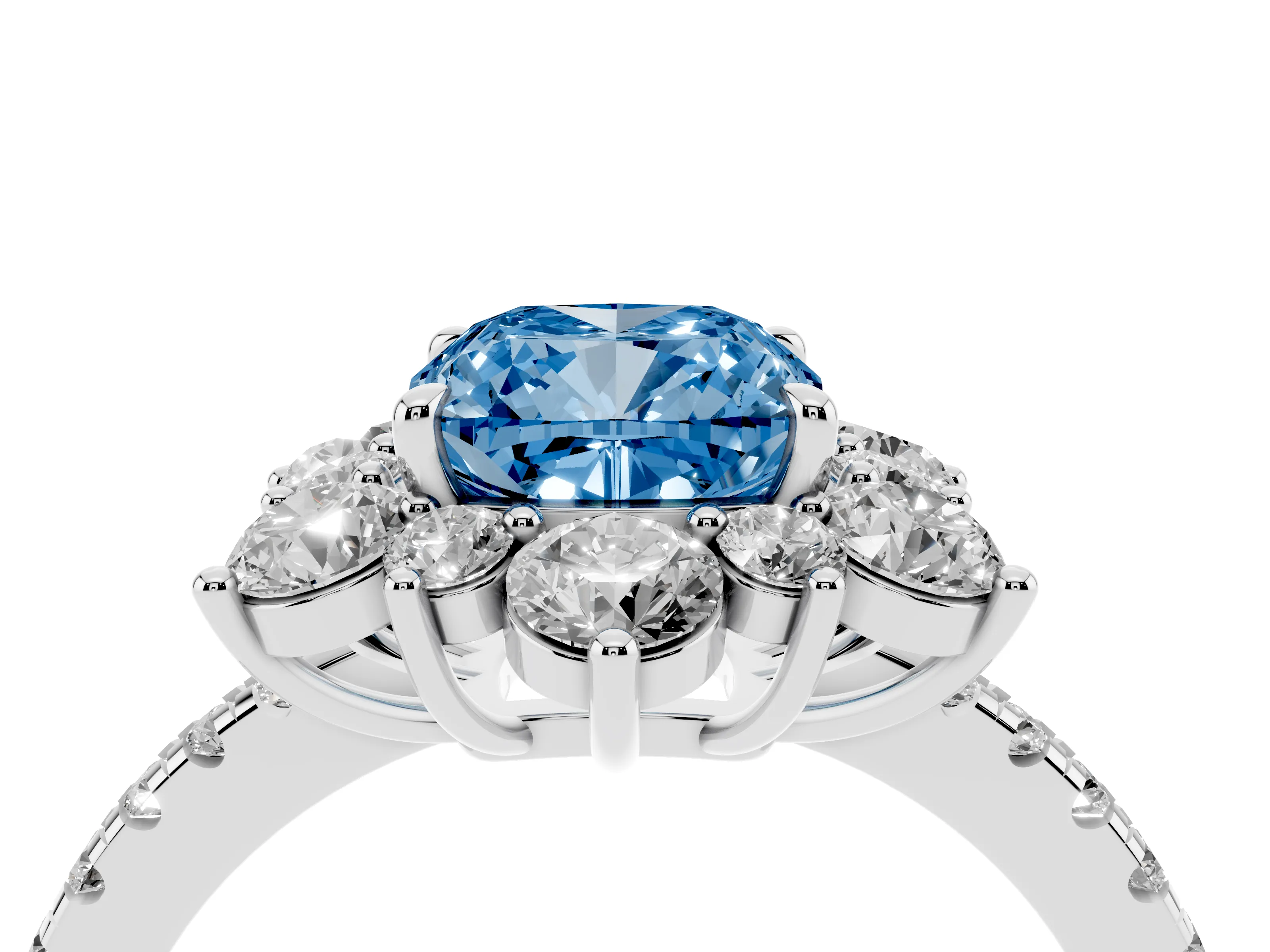 Fancy Blue Cushion Cut Diamond Floral Halo Ring Set in Silver with Round Pavé Band and Prong Setting