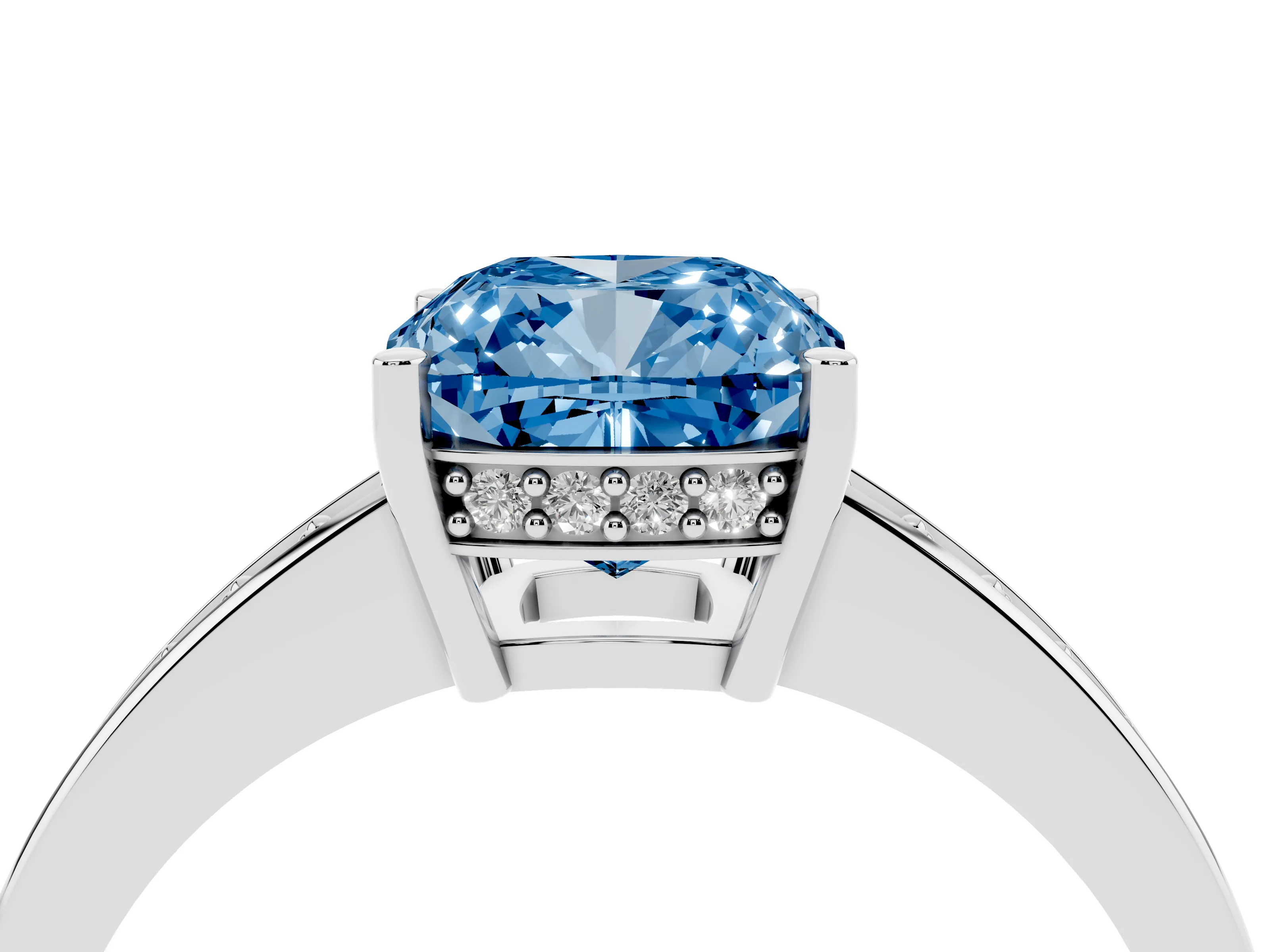 Fancy Blue Cushion Cut Diamond Pavé Band Prong Set Solitaire Ring Set in White gold