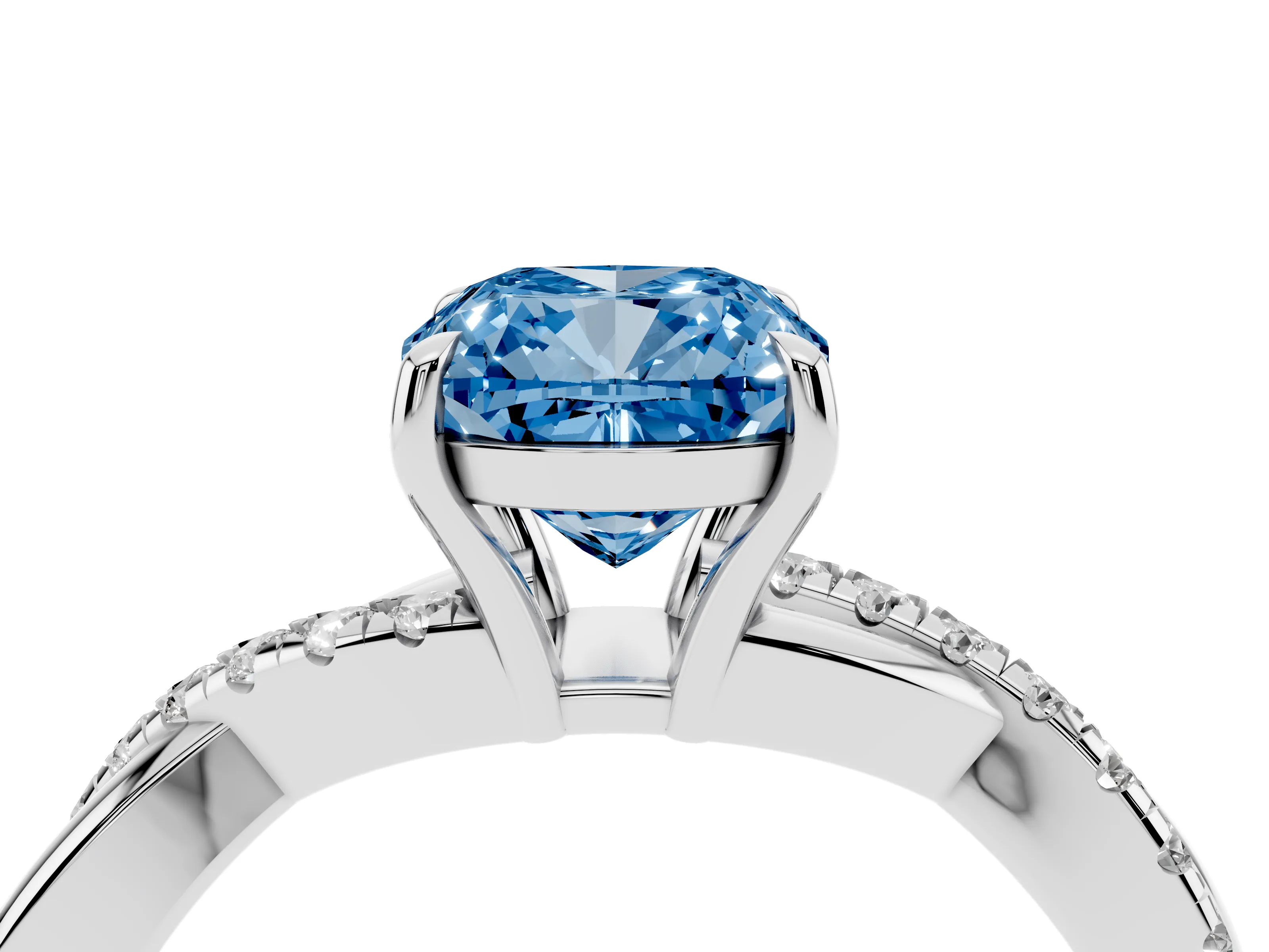 Fancy Blue Cushion Cut Diamond Twisted Pavé Band Ring Set in Silver with Prong Setting