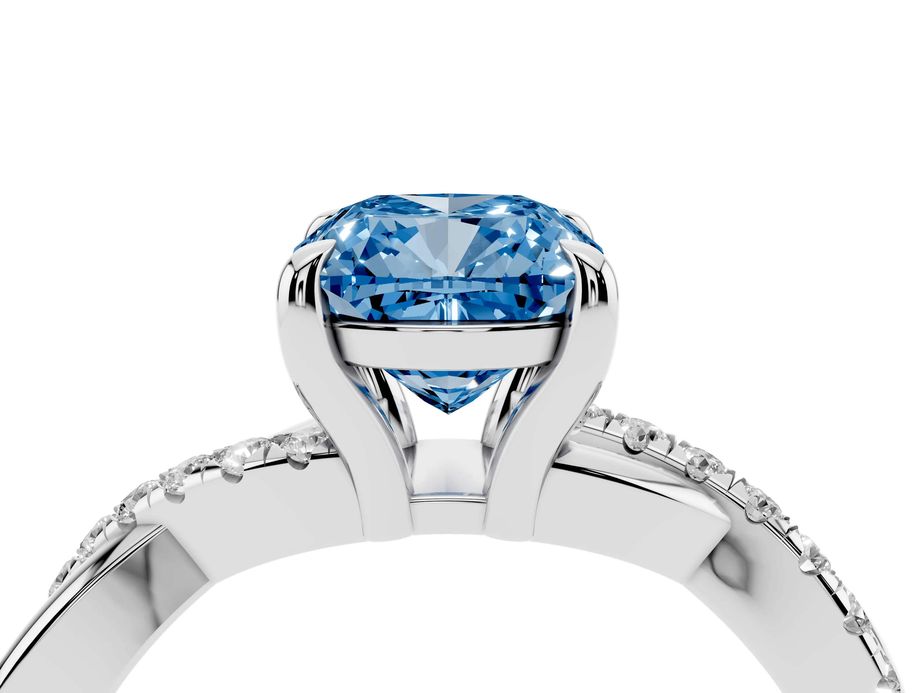 Fancy Blue Cushion Cut Diamond Twist Band Pavé Solitaire Ring Set in Silver with Prong Setting