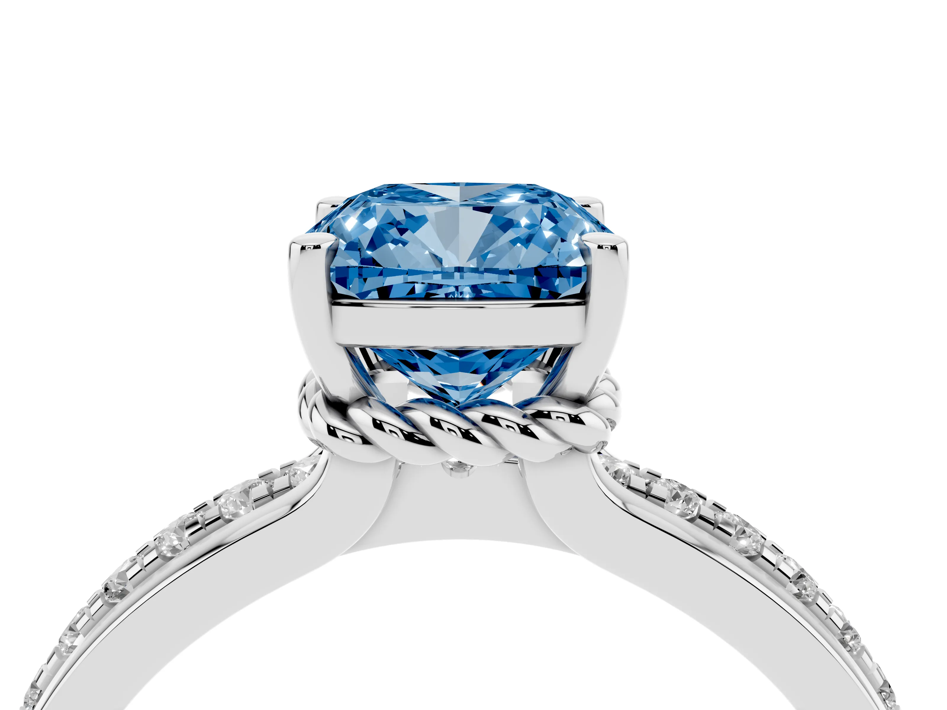 Fancy Blue Cushion Cut Diamond Solitaire Ring Set in Platinum with Channel Set Band and Prong Setting