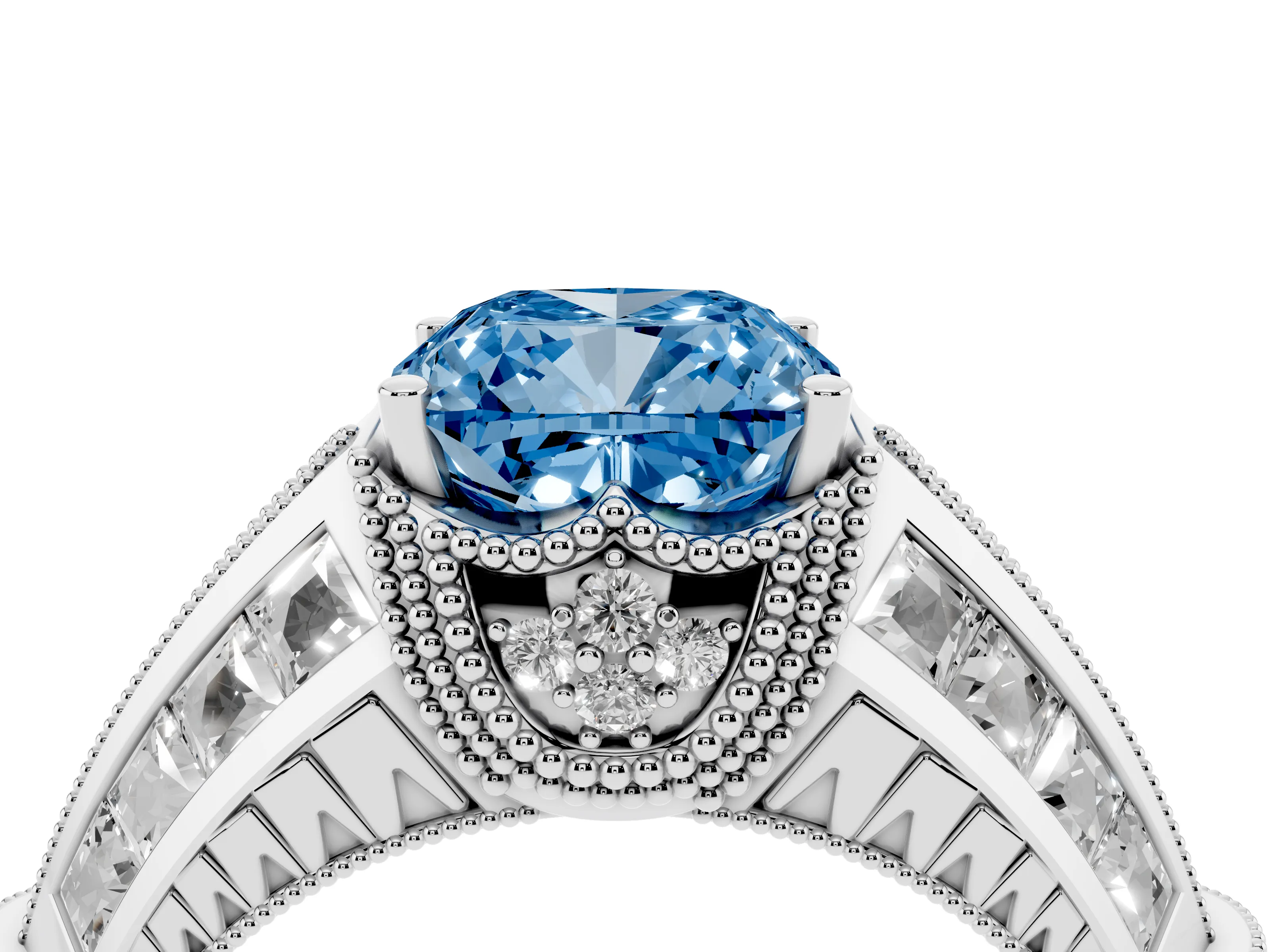 Fancy Blue Cushion Cut Diamond Vintage-Inspired Milgrain Ring Set in Silver with Accent Split Shank