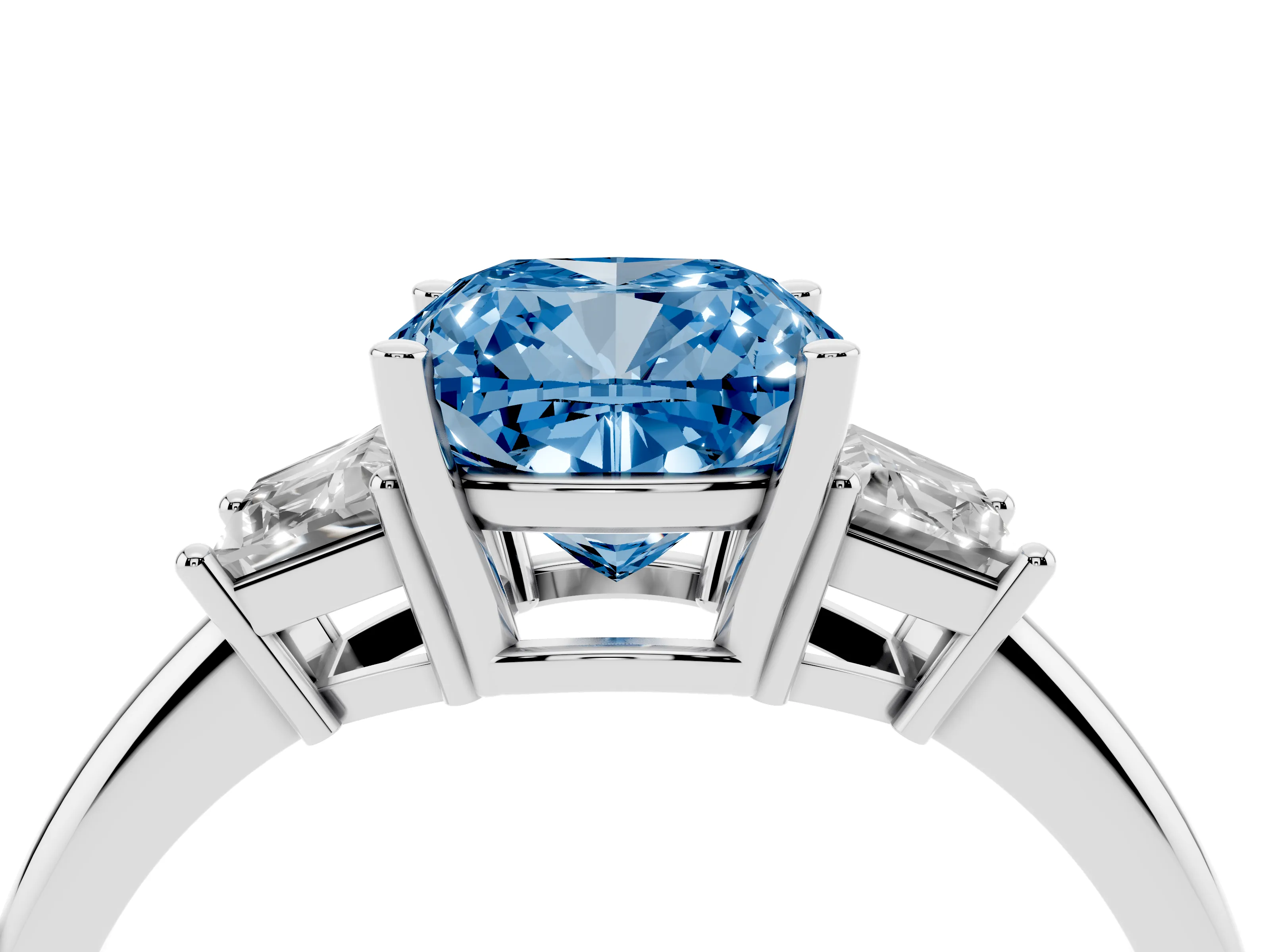 Fancy Blue Cushion Cut Diamond Three-Stone Ring Set in Silver with Trapezoid Side Stones and Prong Setting