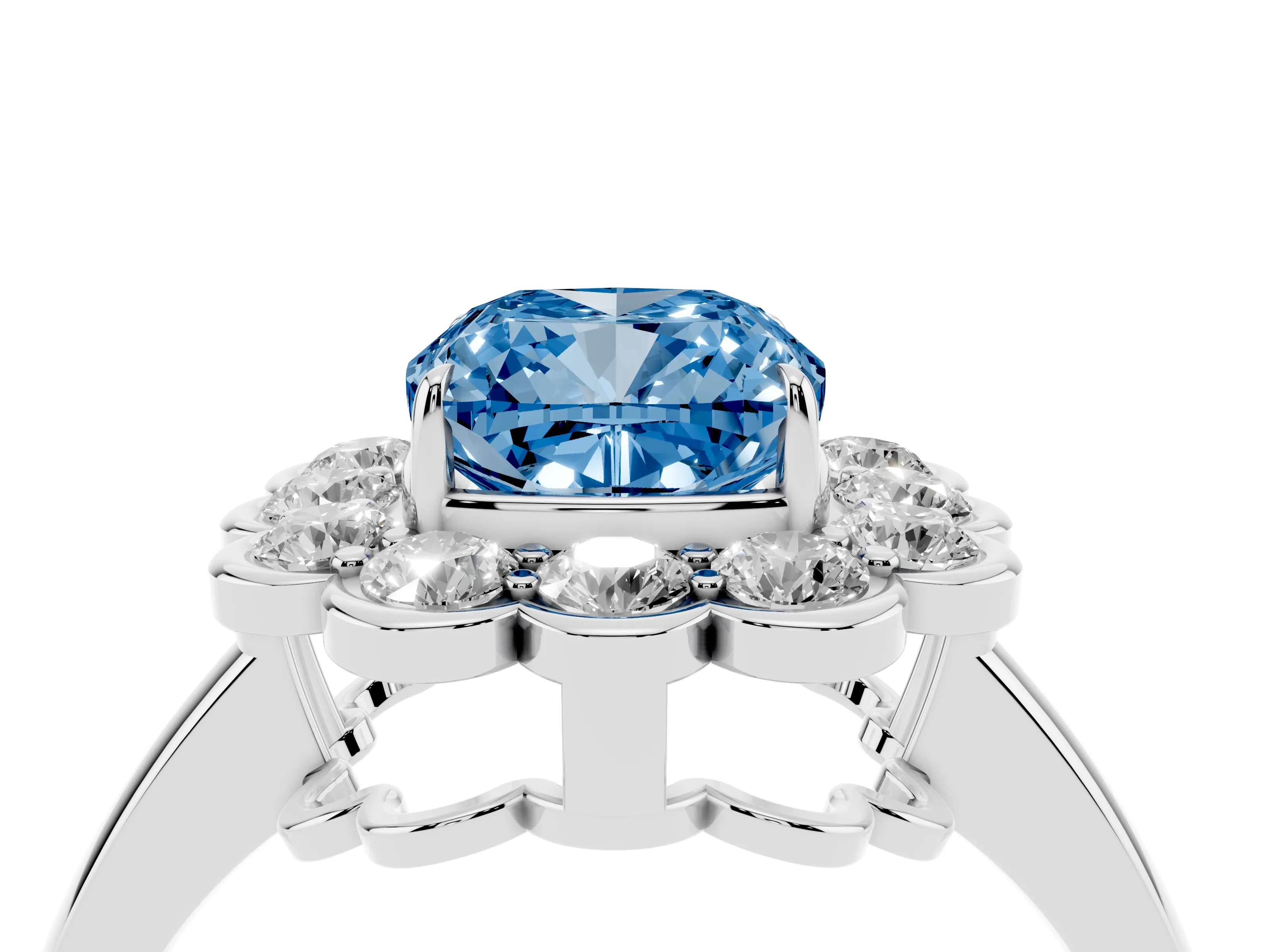 Fancy Blue Cushion Cut Diamond Halo Cluster Engagement Ring Set in Platinum with Solitaire Band and Prong Setting