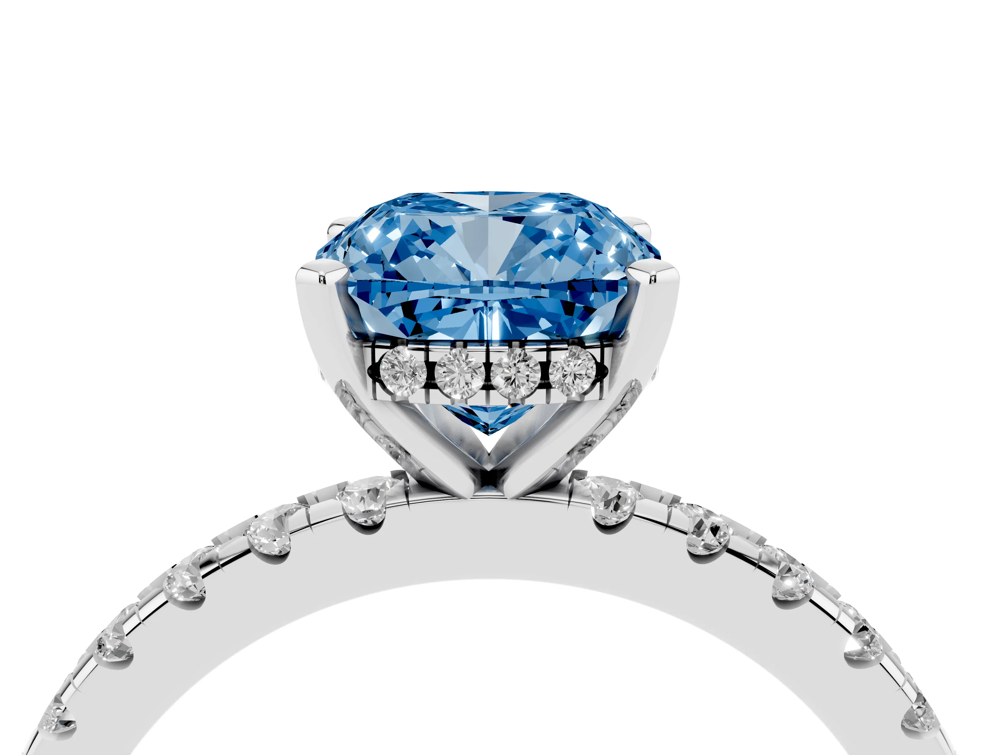 Fancy Blue Cushion Cut Diamond Pavé Solitaire Ring Set in White gold with Round Band Accents and Prong Setting