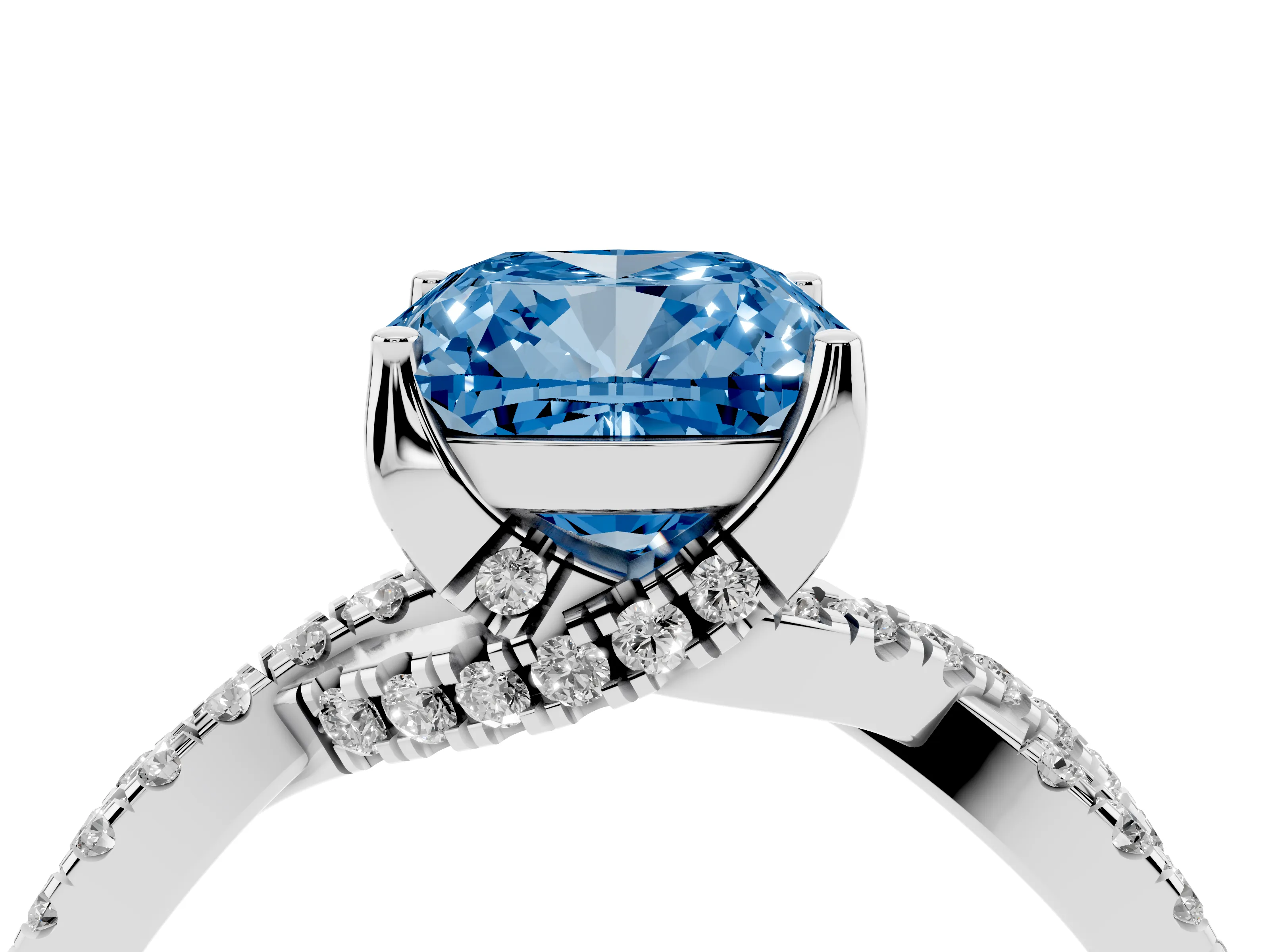Fancy Blue Cushion Cut Diamond Twist Pavé Solitaire Engagement Ring Set in Silver with Prong Setting