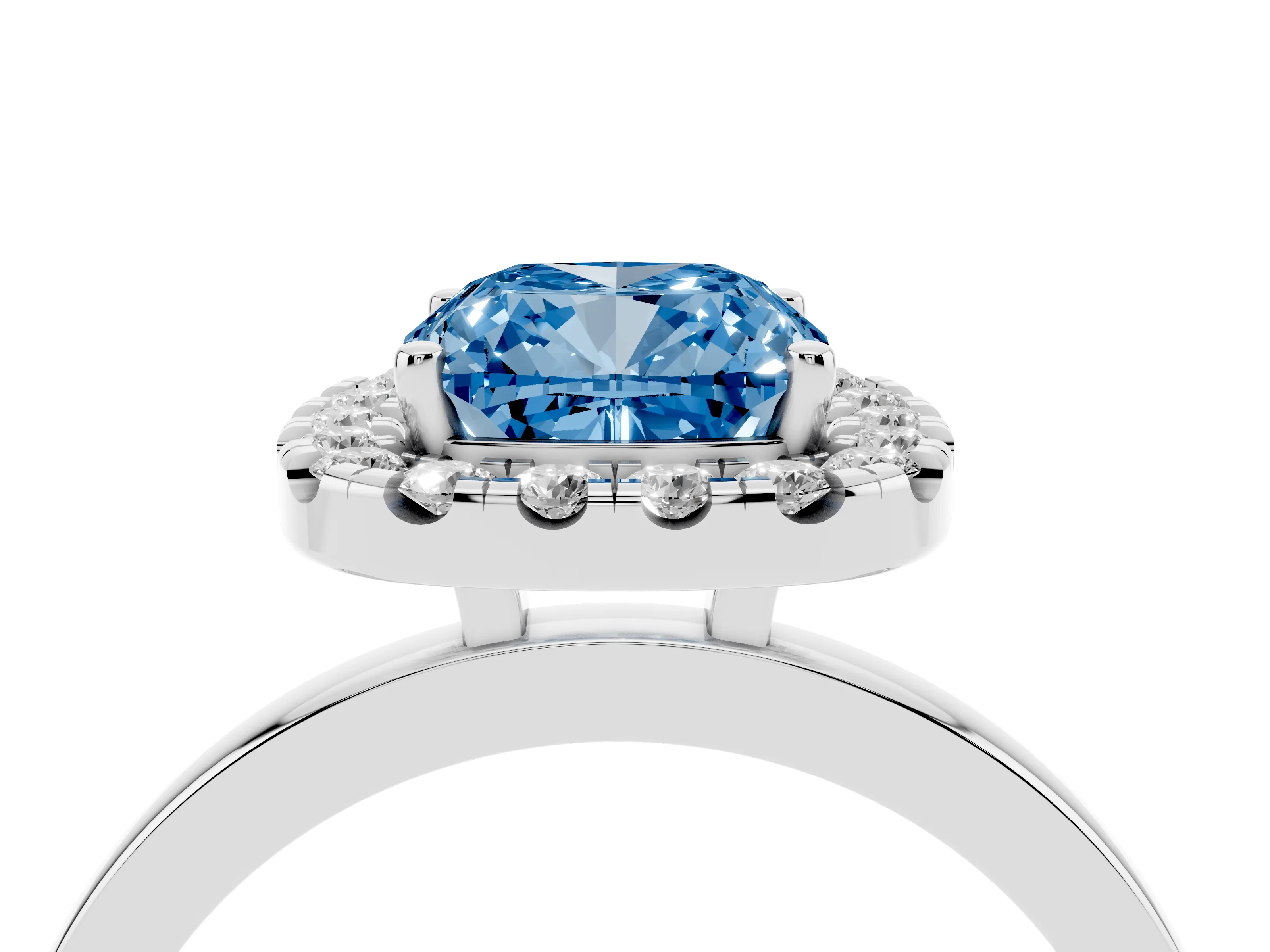 Fancy Blue Cushion Cut Diamond Halo Solitaire Ring Set in White gold with Pavé Band and Prong Setting