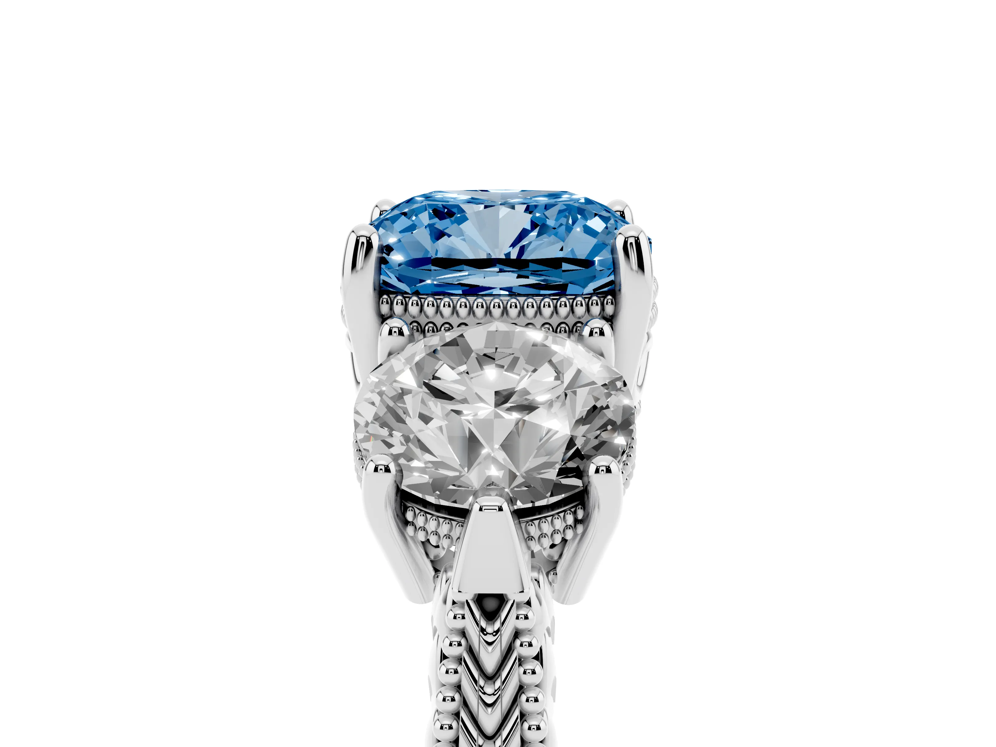 Fancy Blue Cushion Cut Diamond Three-Stone Ring Set in Silver with Milgrain Band