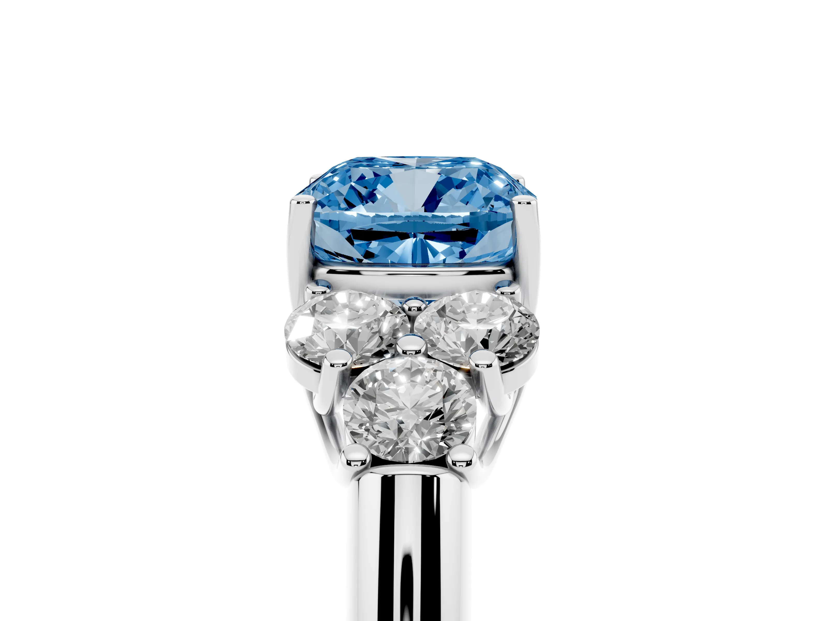 Fancy Blue Cushion Cut Diamond Cluster Ring Set in Platinum with Round Accent Stones and Prong Setting on a Plain Band