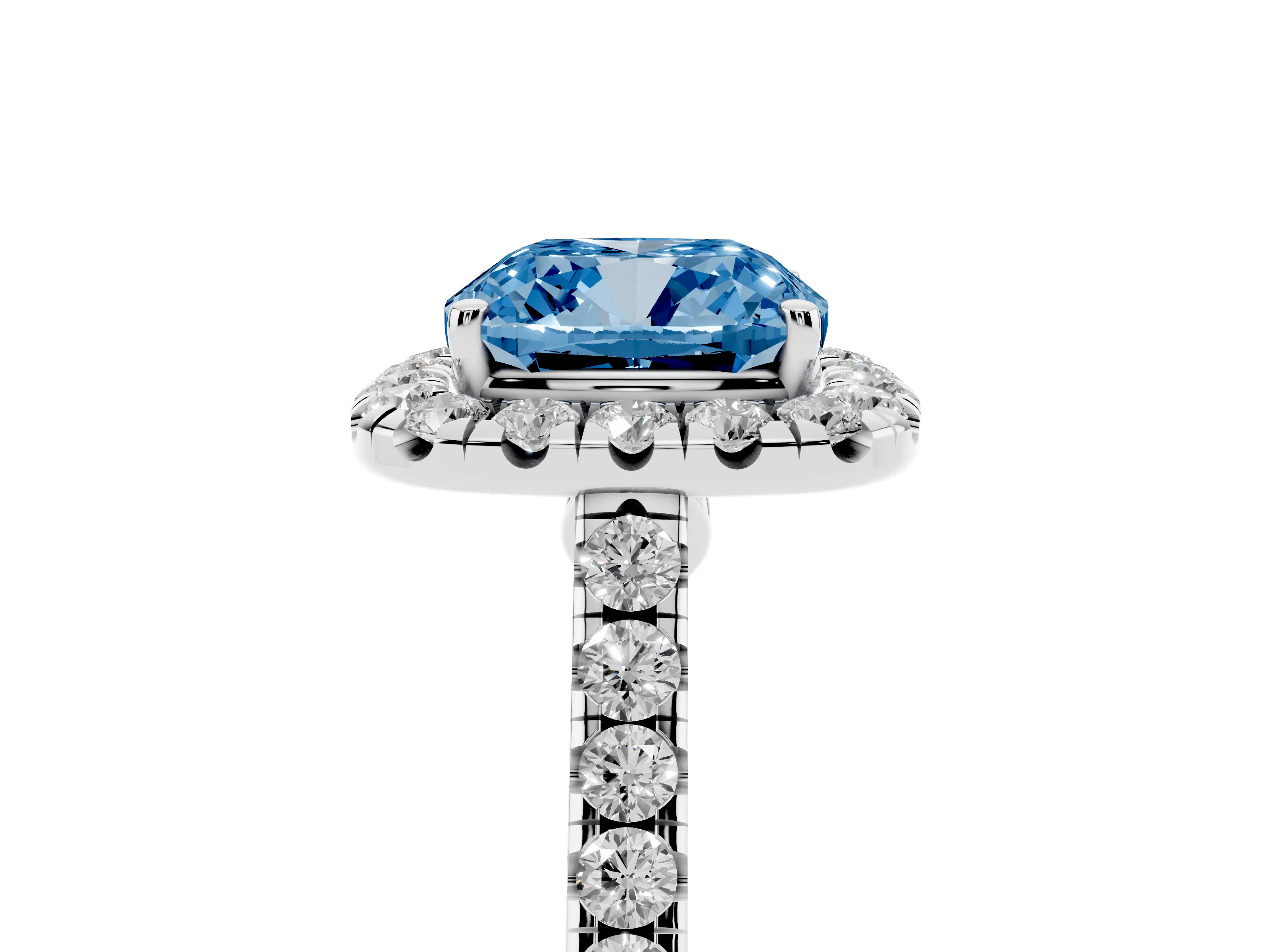 Fancy Blue Cushion Cut Diamond Halo Pavé Engagement Ring Set in White gold with Prong Setting