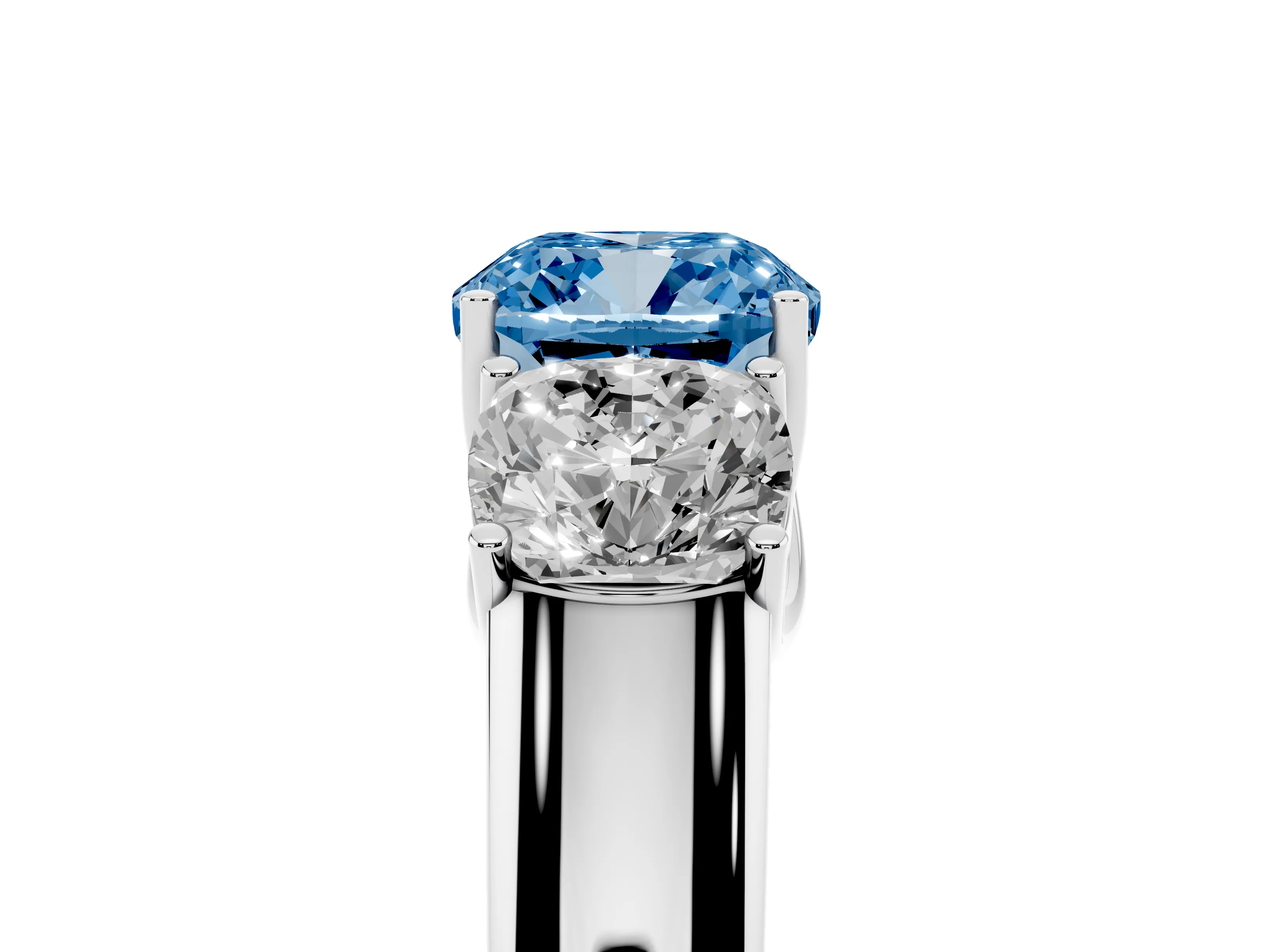 Fancy Blue Three-Stone Cushion Cut Diamond Ring Set in Silver with Matching Prong Settings and Plain Band