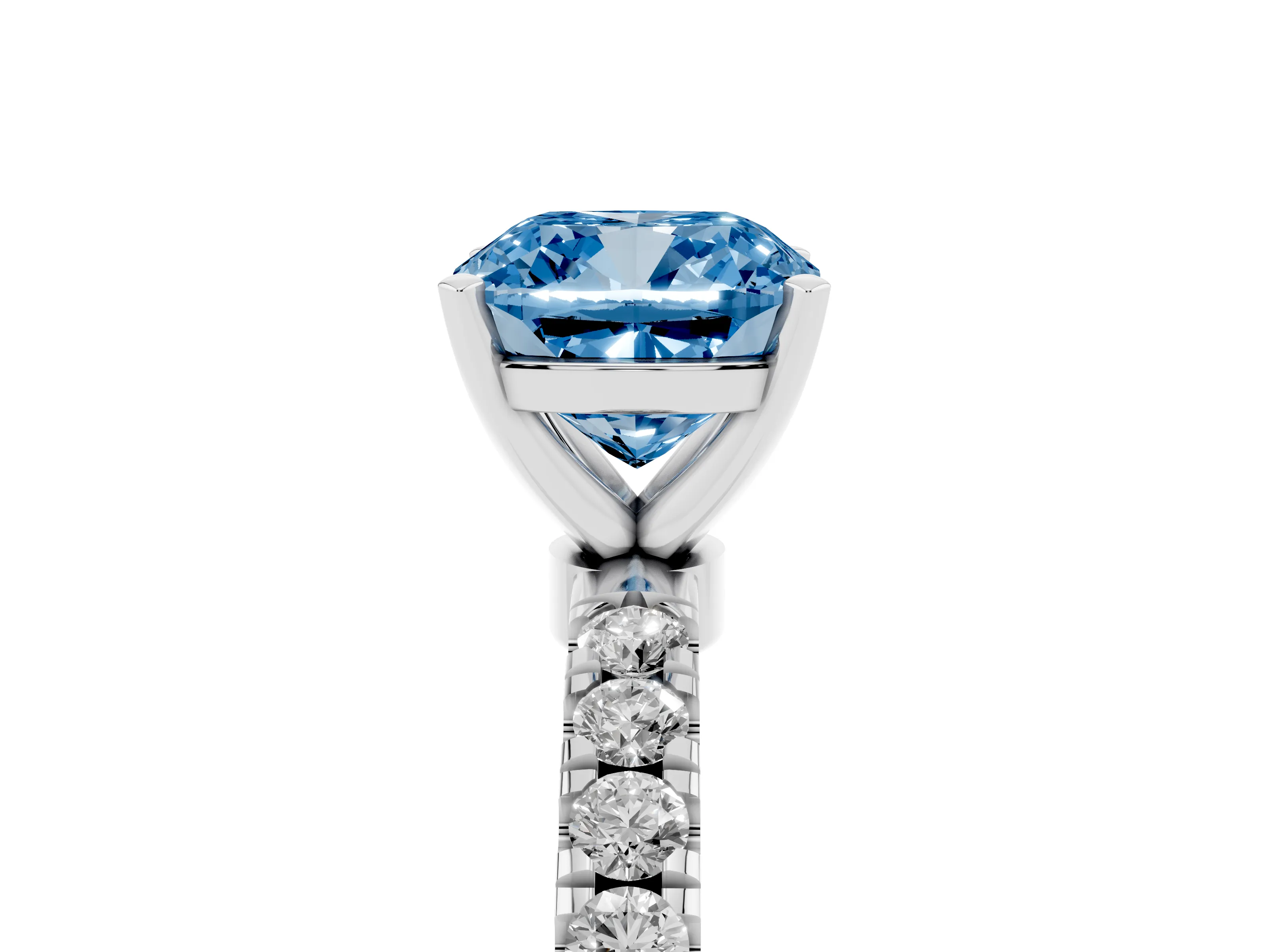Fancy Blue Cushion Cut Diamond Solitaire Ring Set in Silver with Pavé Accents and Prong Setting