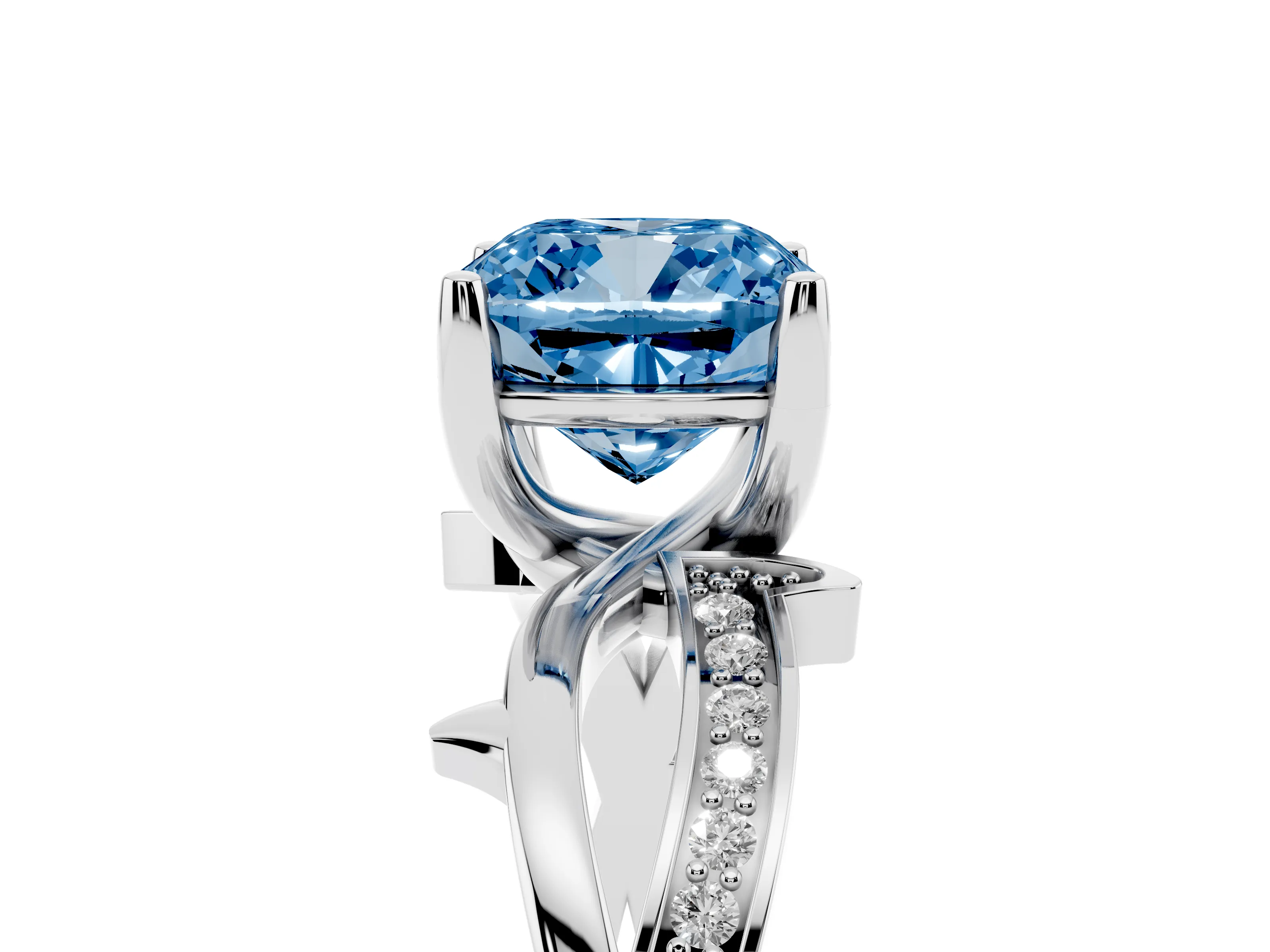 Fancy Blue Cushion Cut Diamond Pavé Twist Band Solitaire Ring Set in Silver with Prong Setting